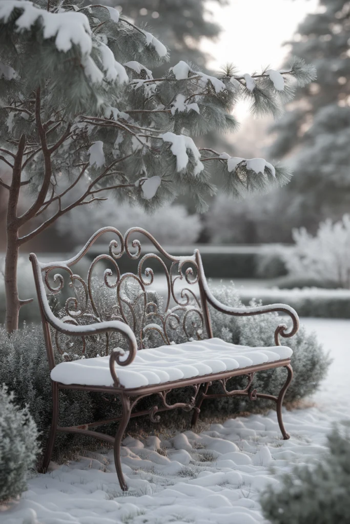 Verschneite Bank im Wintergarten