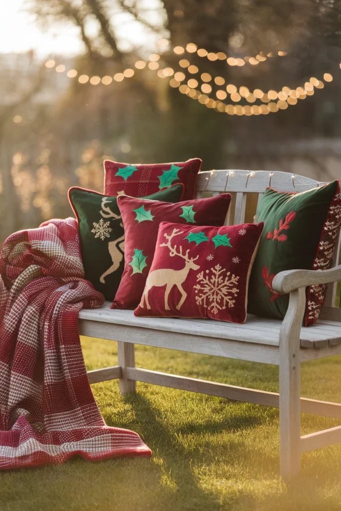 Weihnachtliche Kissen auf Bank im Garten