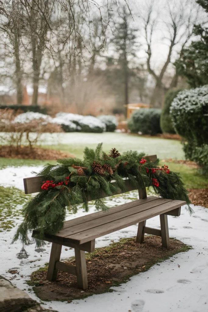 Weihnachtlich dekorierte Bank im Wintergarten