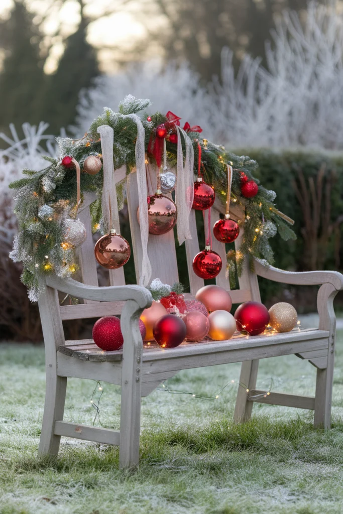 Weihnachtsbank mit Kugeln und Lichtern im Freien.