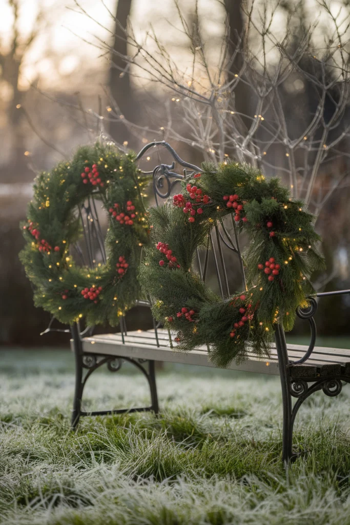 Dekorierte Weihnachtskränze auf frostiger Bank