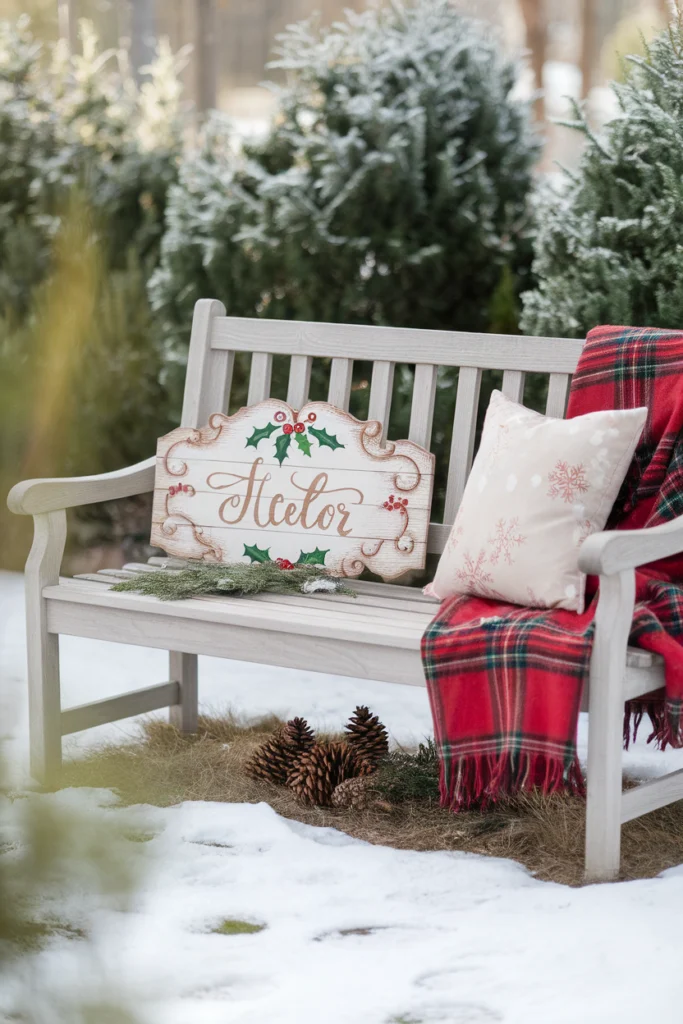 Weihnachtlich dekorierte Bank im Wintergarten