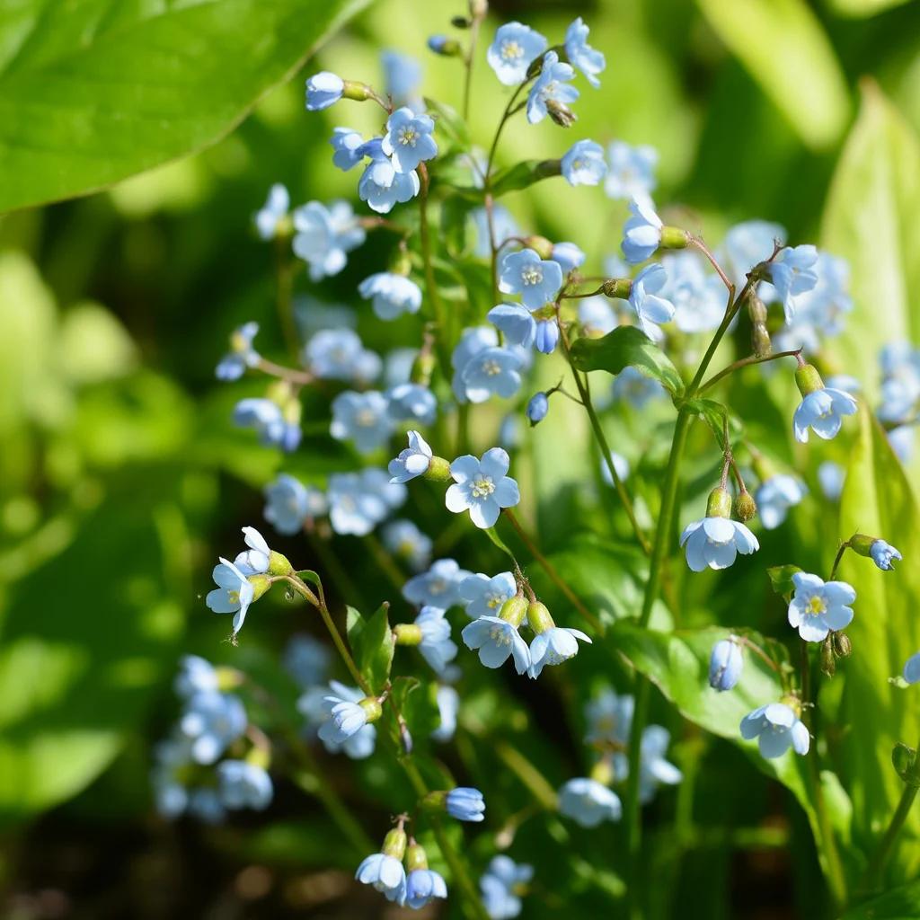 Himmelblaue Blüten des Frühlings-Gedenkemein im Halbschatten