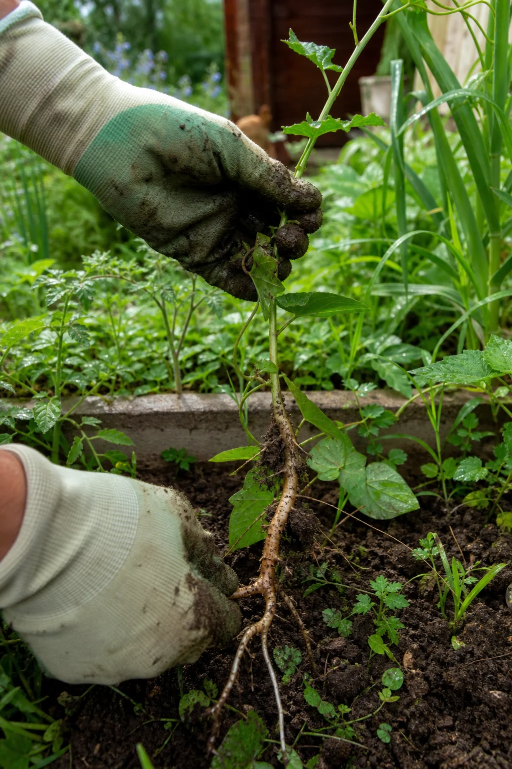 Behandschuhte Hände ziehen nach Regen eine lange Ackerwinden-Ranke samt anhaftendem Rhizom aus feuchtem Boden, ein Stück weißes Rhizom hängt am Stängel.