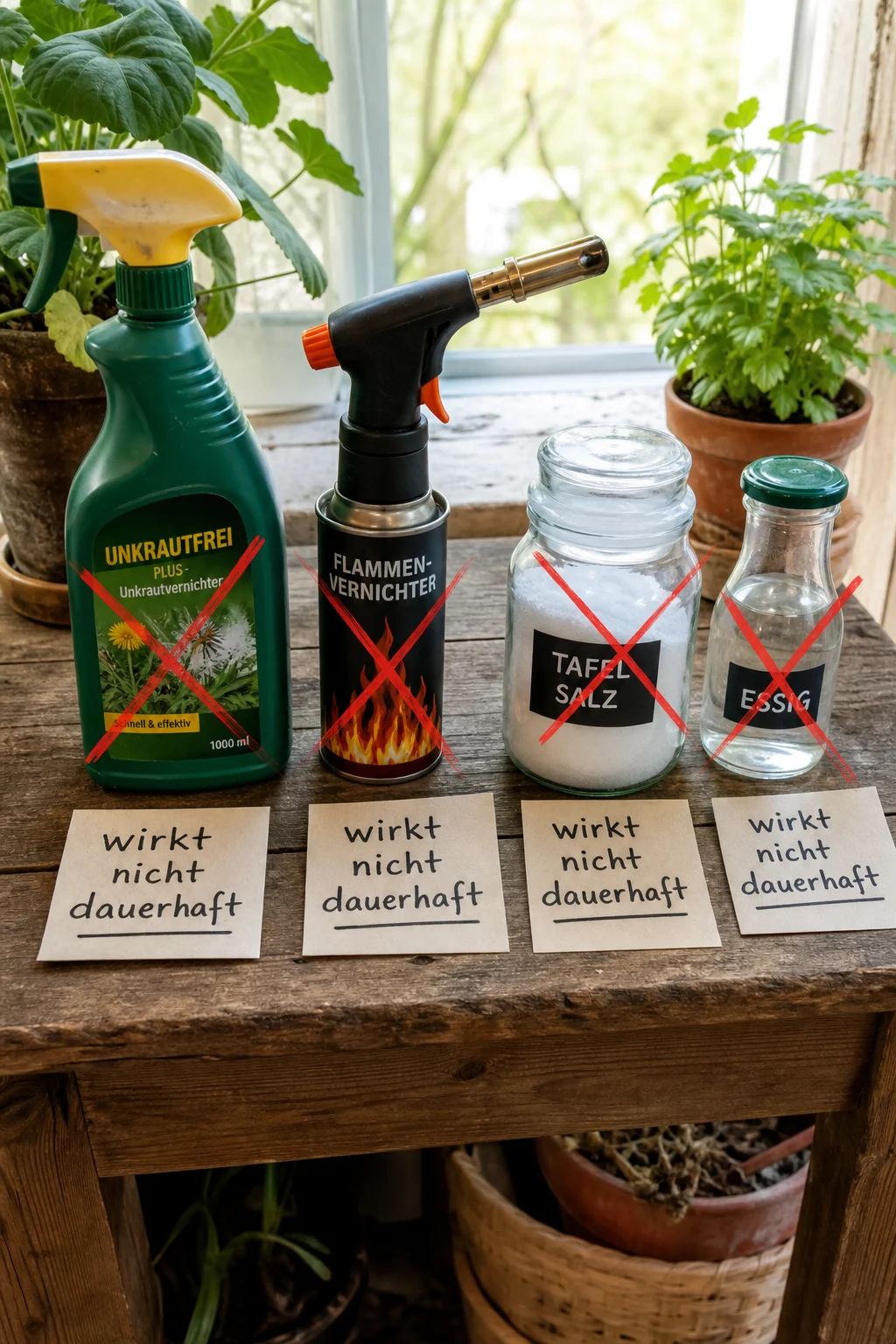 Auf einer Holzbank stehen Flasche mit Unkraut­vernichter, Abflammgerät, Salz und Essig — alle mit handgeschriebenem Etikett 'wirkt nicht dauerhaft'.