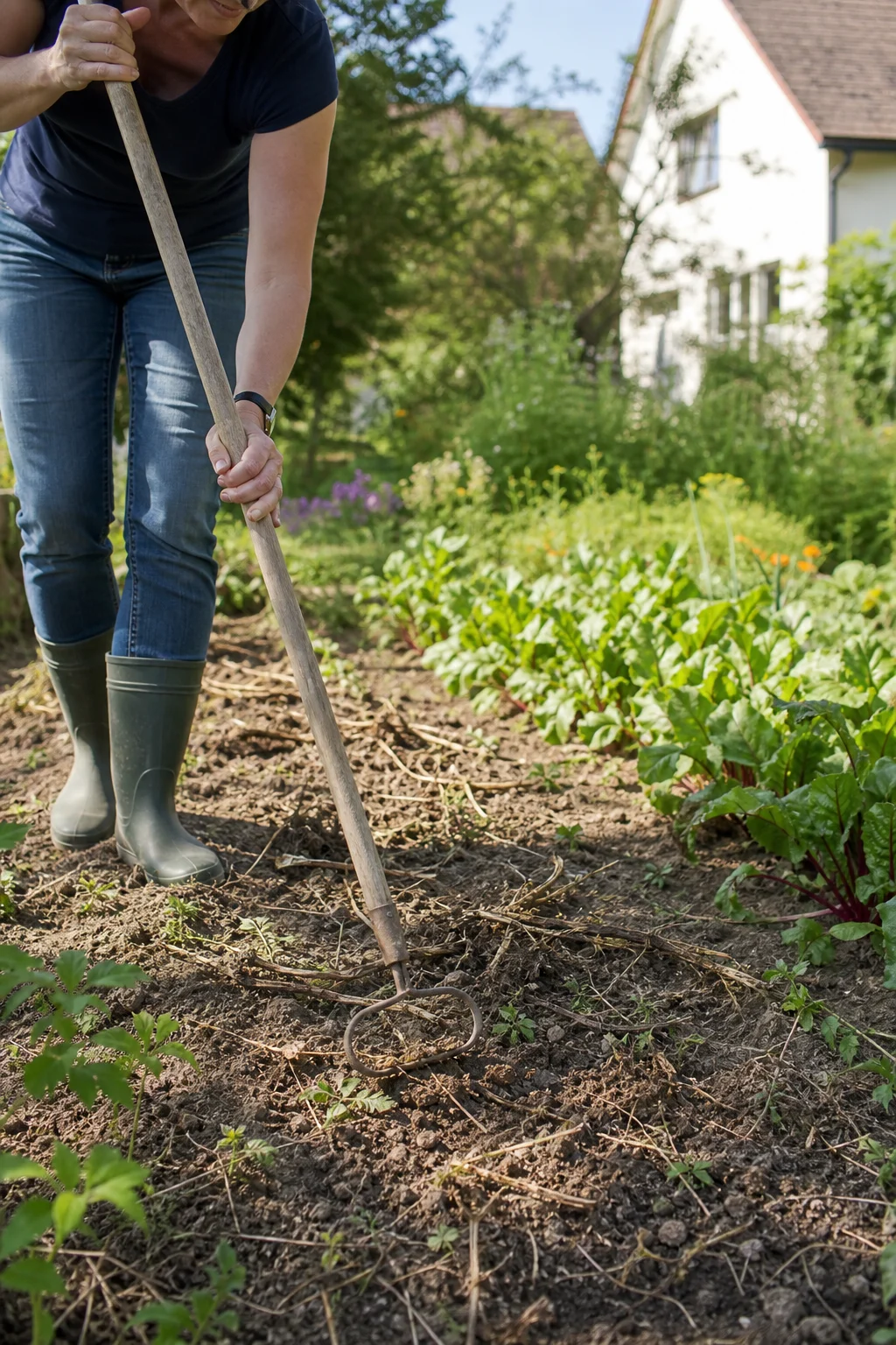 Gärtnerin schneidet mit einer Pendelhacke junge Ackerwinden-Triebe an der Oberfläche durch, abgeschnittene Rhizom-Stücke trocknen auf dem warmen Boden.