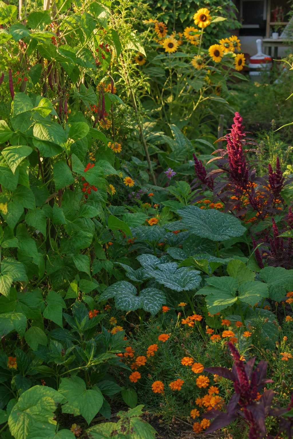 Dicht bepflanztes Gemüsebeet ohne offenen Boden — Stangenbohnen, Kürbis, Sonnenblumen, Tagetes und Amarant, mit dickem Mulch zwischen den Pflanzen, kein Ackerwinden-Trieb sichtbar.