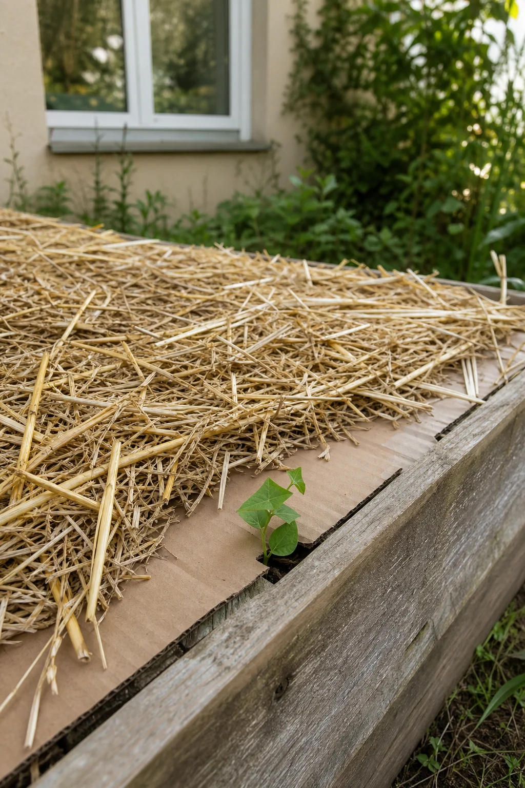 Gartenbeet-Ecke mit dicker Pappe und Strohmulch zur Unkraut­unterdrückung, am Rand drückt ein einzelner Ackerwinden-Trieb gegen die Pappe.
