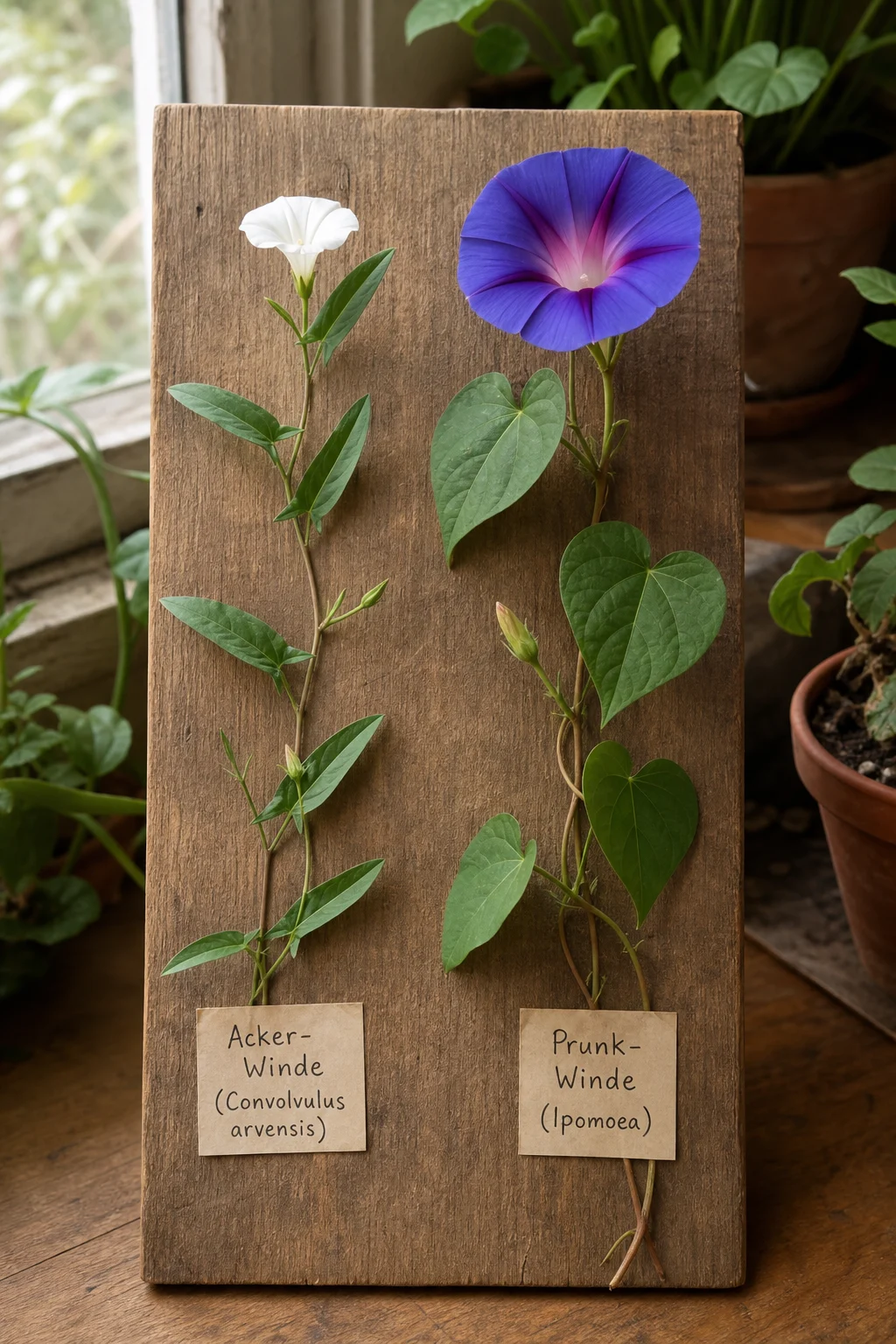 Vergleich zweier Pflanzen auf einem Holzbrett — links Ackerwinde mit pfeilförmigen Blättern und kleiner weißer Blüte, rechts Prunkwinde mit herzförmigen Blättern und größerer blauer Blüte.