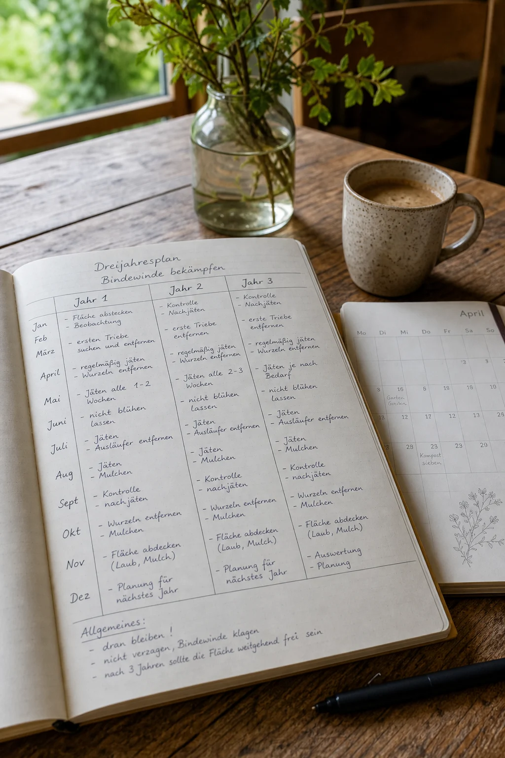Aufgeschlagenes Garten­ planungsheft mit einem dreijährigen Plan zur Ackerwinden-Bekämpfung Monat für Monat, daneben Kalenderblatt und Kaffeetasse.