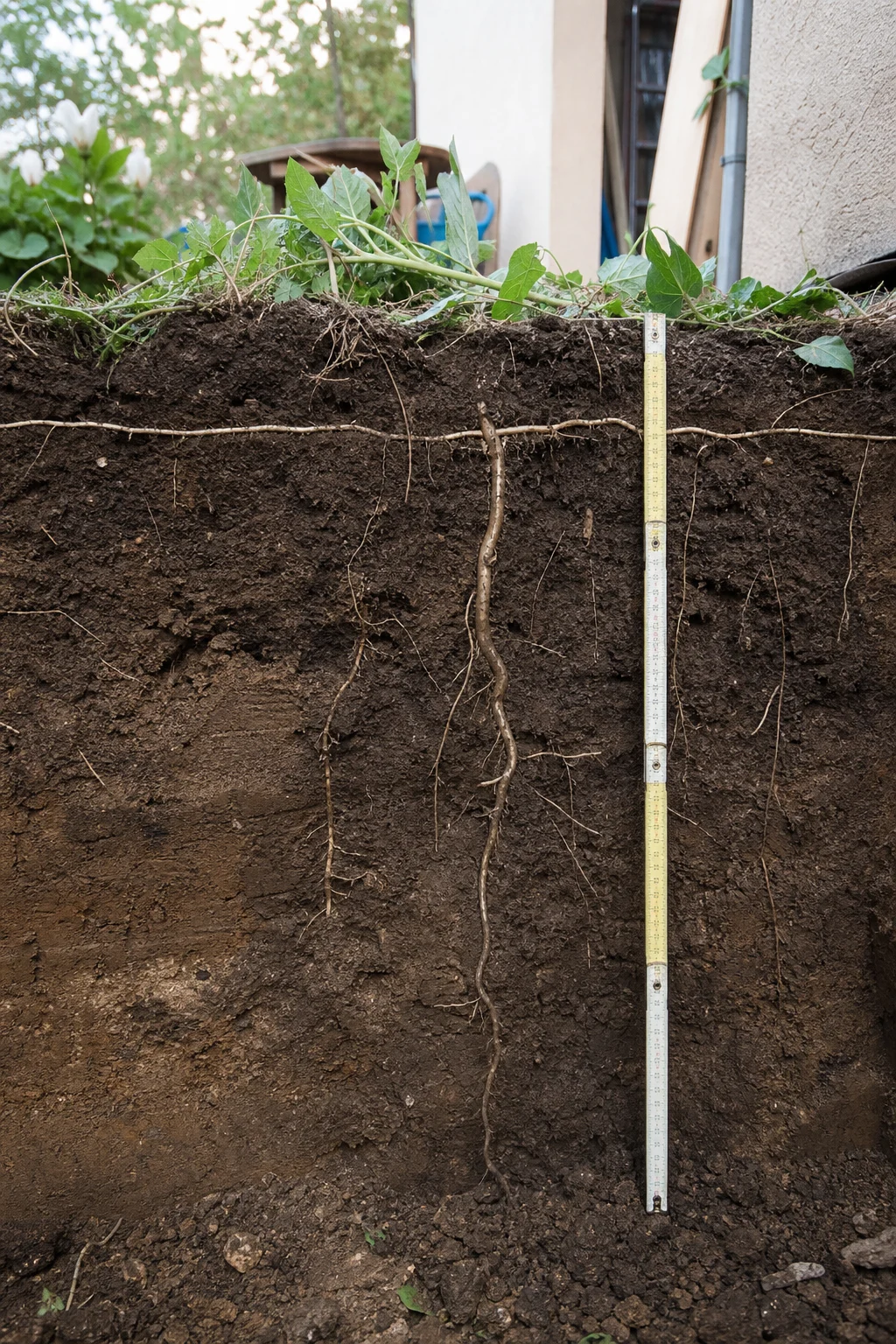 Bodenprofil mit dem Wurzelsystem der Ackerwinde — lange weiße Rhizome dicht unter der Oberfläche und eine dicke Pfahlwurzel, die über einen Meter in die Tiefe reicht, daneben Maßband.