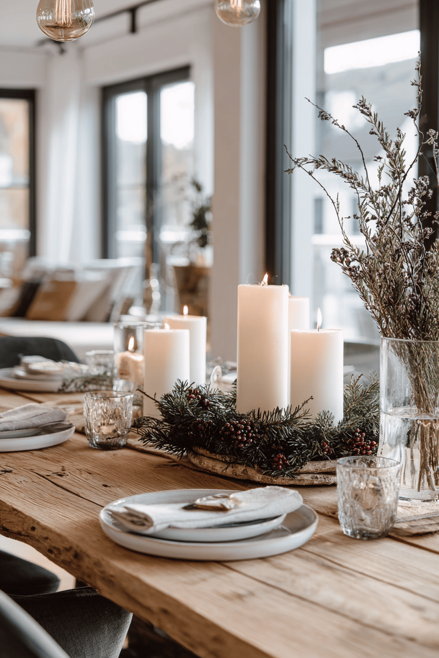 Adventliche Tischdeko mit weißen Stumpenkerzen, Tannengrün und Beeren auf Holztisch