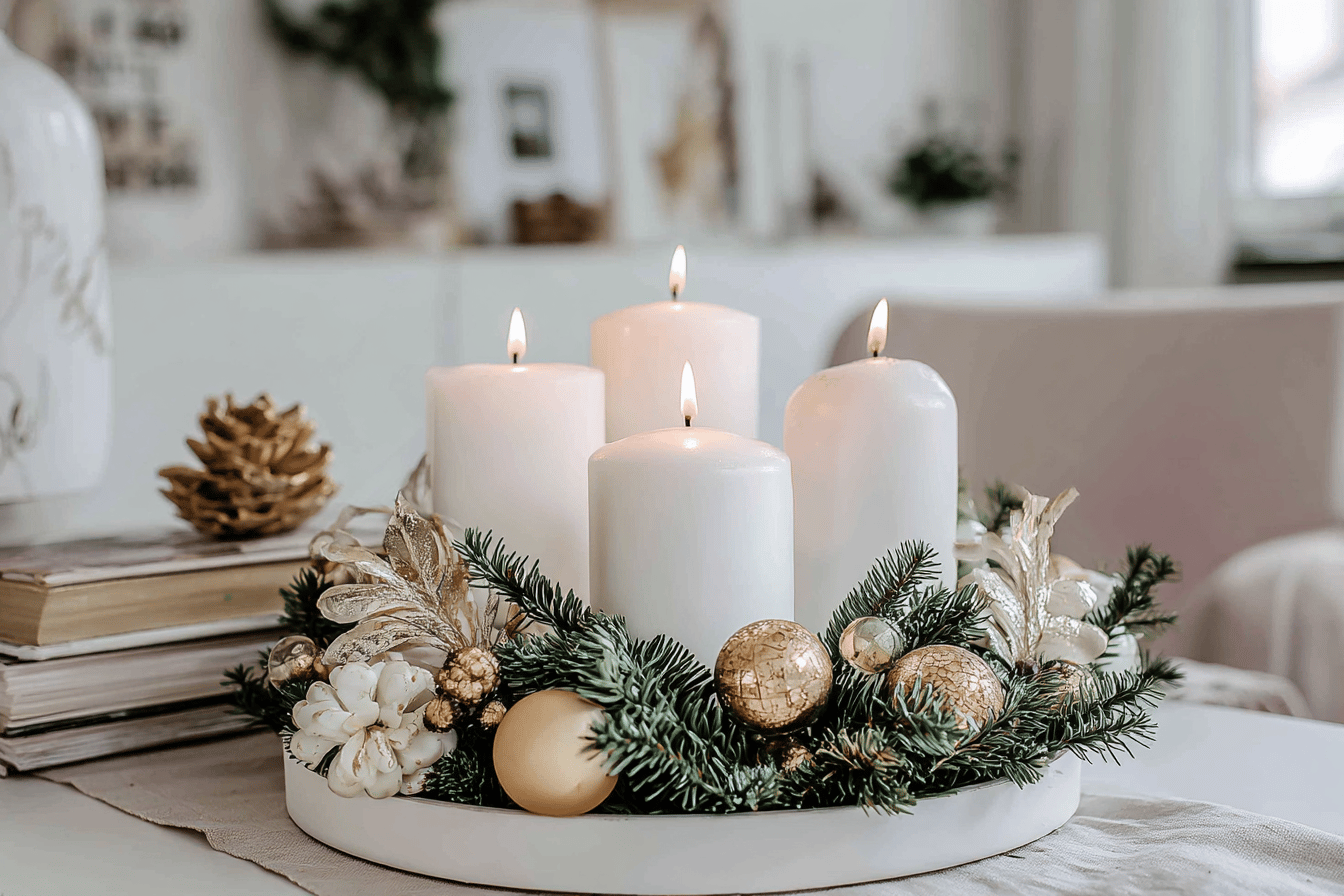 Weißer Adventskranz mit vier brennenden Kerzen und goldener Weihnachtsdeko