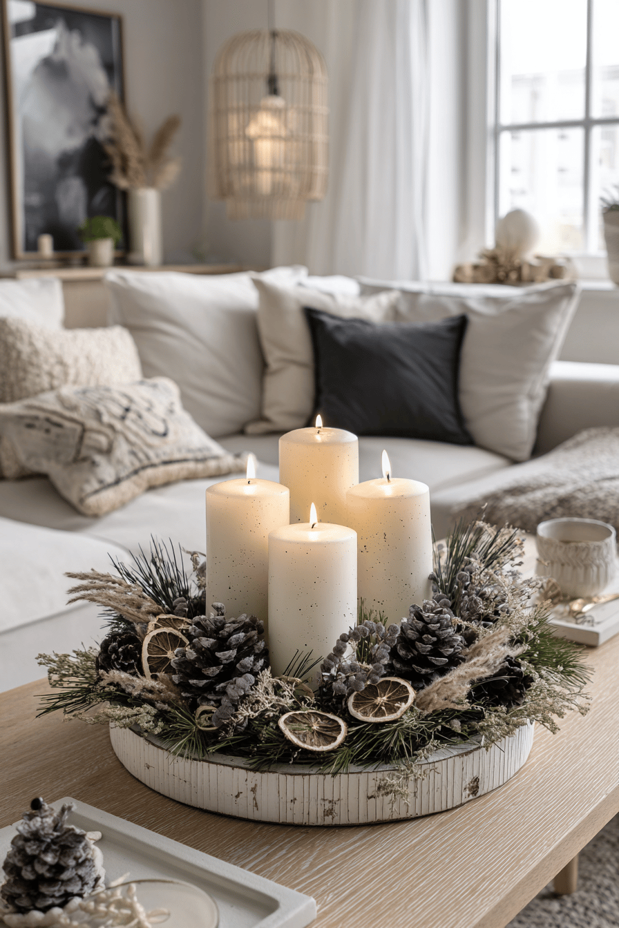 Adventskranz mit vier weißen Kerzen, Tannenzapfen, getrockneten Orangenscheiben und Zweigen