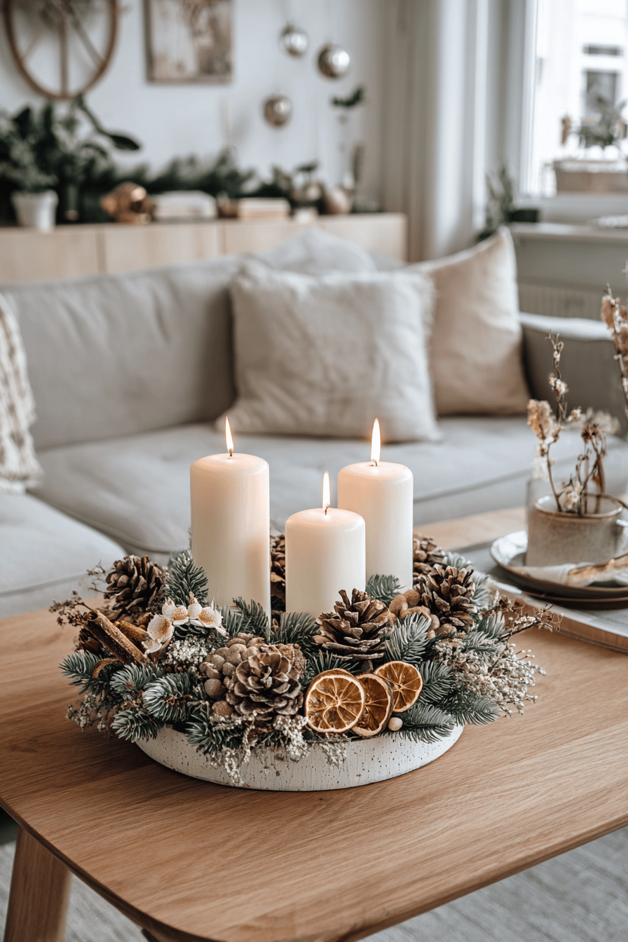 Stimmungsvoller Adventskranz mit Tannenzweigen, Zapfen und weißen Kerzen