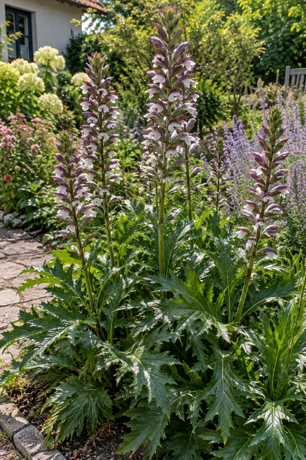 Akanthus im Sommer mit einem Horst aus tief eingeschnittenen, dunkelgrünen Blättern und mehreren aufrechten Blütenähren mit weißen Blüten unter purpurnen Hochblättern