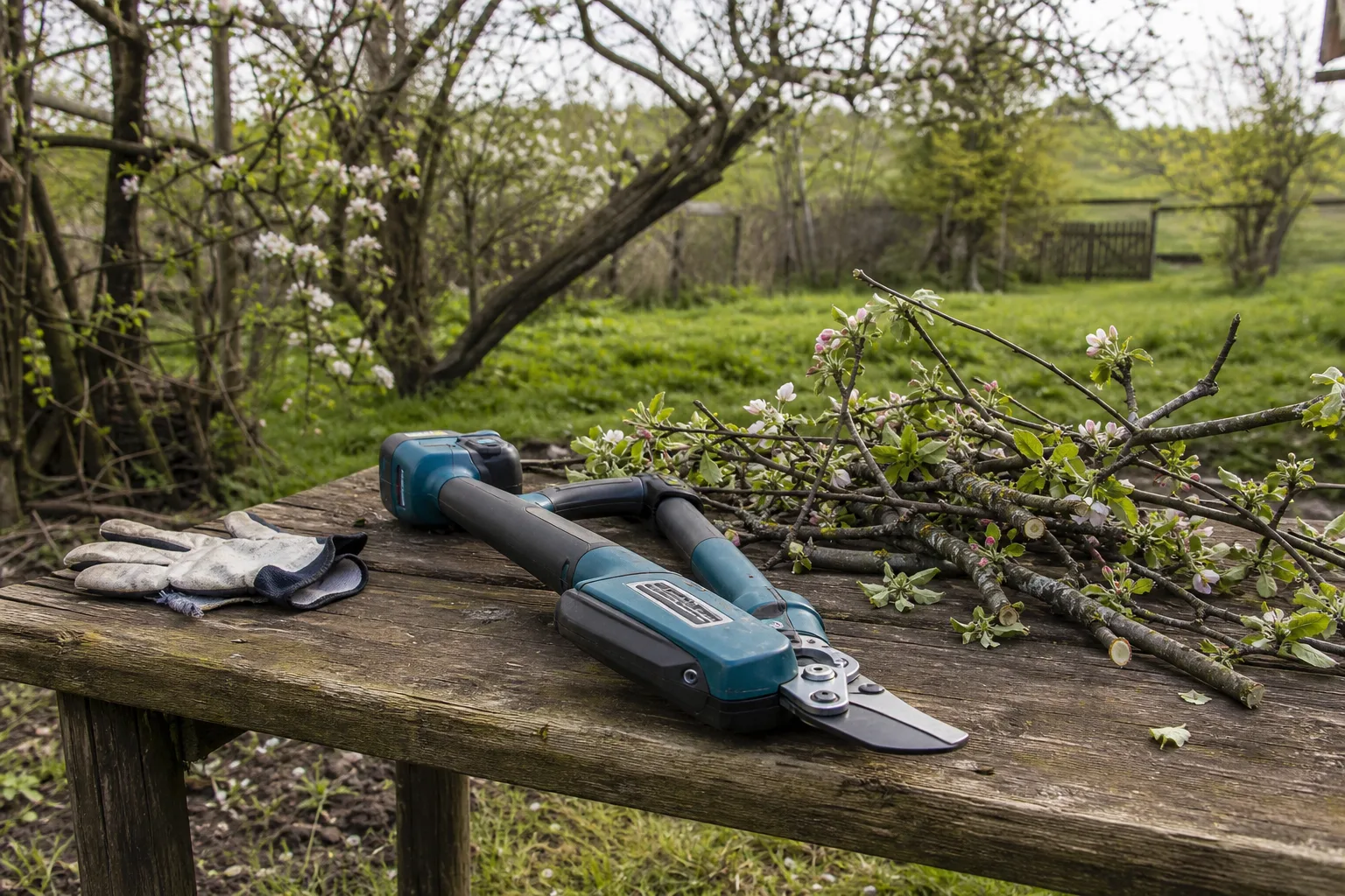 Akku-Astschere auf einer Gartenbank neben frisch geschnittenen Apfelzweigen