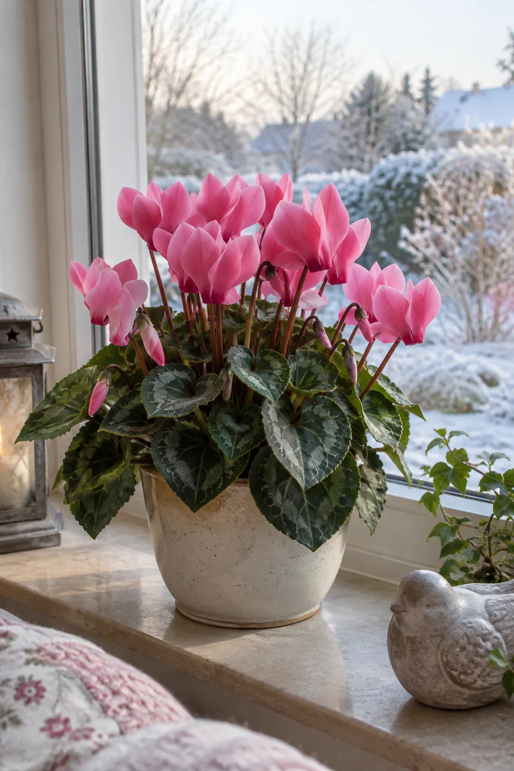 Alpenveilchen im Topf an einem kühlen, hellen Fenster mit herzförmigen, silbrig gezeichneten Blättern und vielen pinkfarbenen Blüten mit nach oben zurückgeschlagenen Blütenblättern