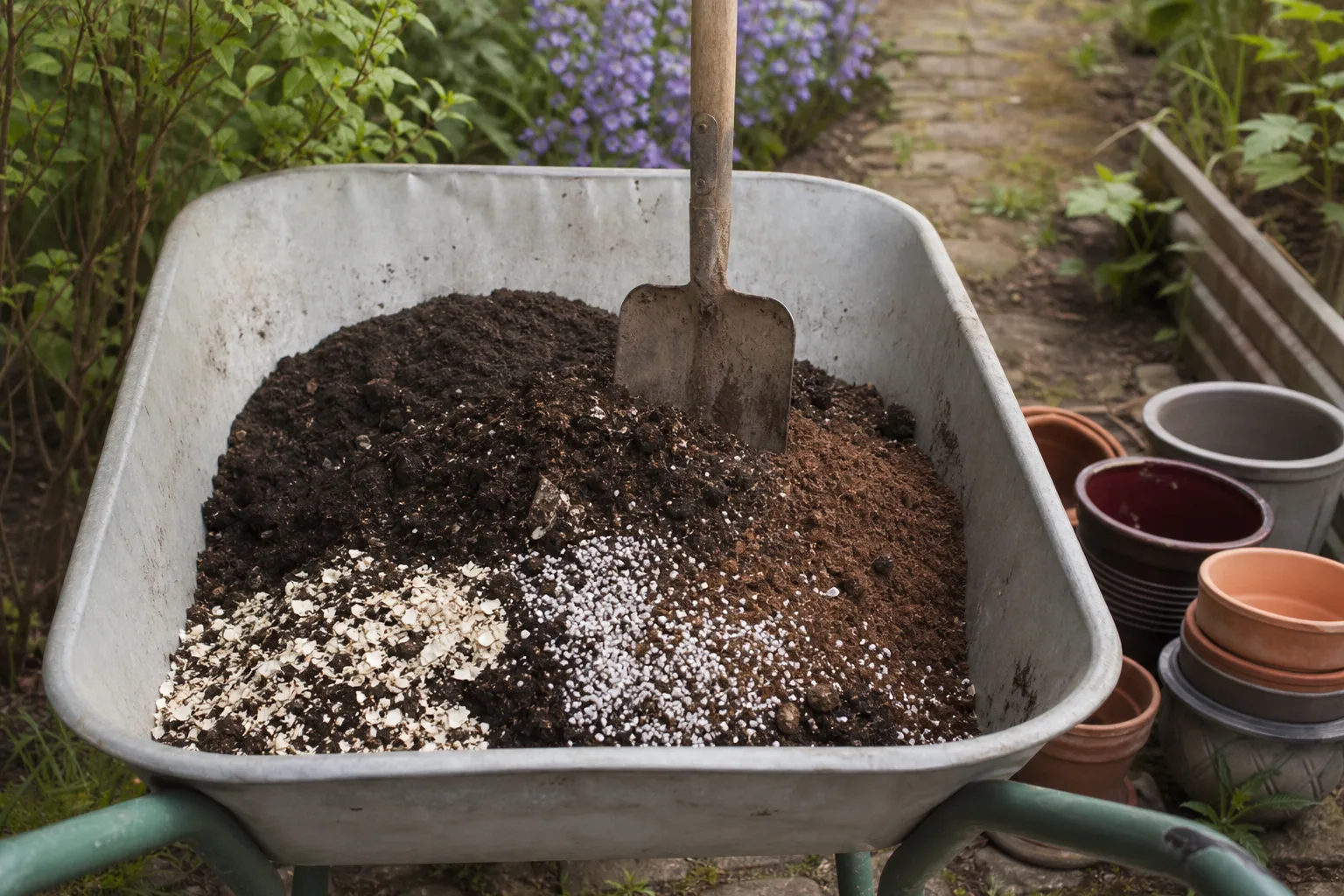 Alte Blumenerde in einer Schubkarre wird mit frischem Kompost, Perlite und Hornspänen gemischt, eine Schaufel steckt im Haufen