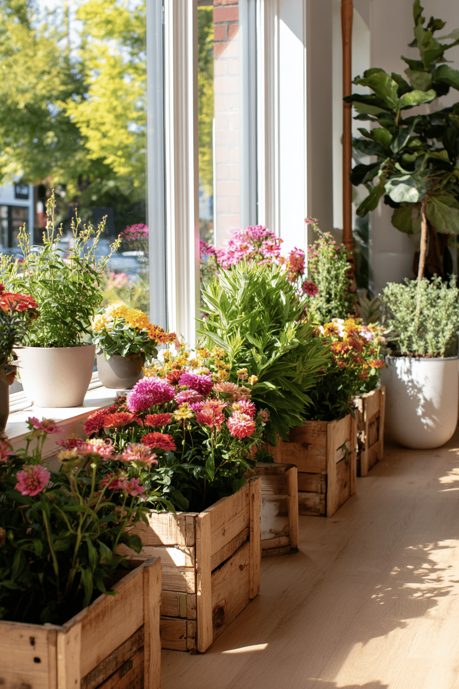 Blumentöpfe aus alten Holzbrettern mit bunten Blumen in einem sonnigen Raum.
