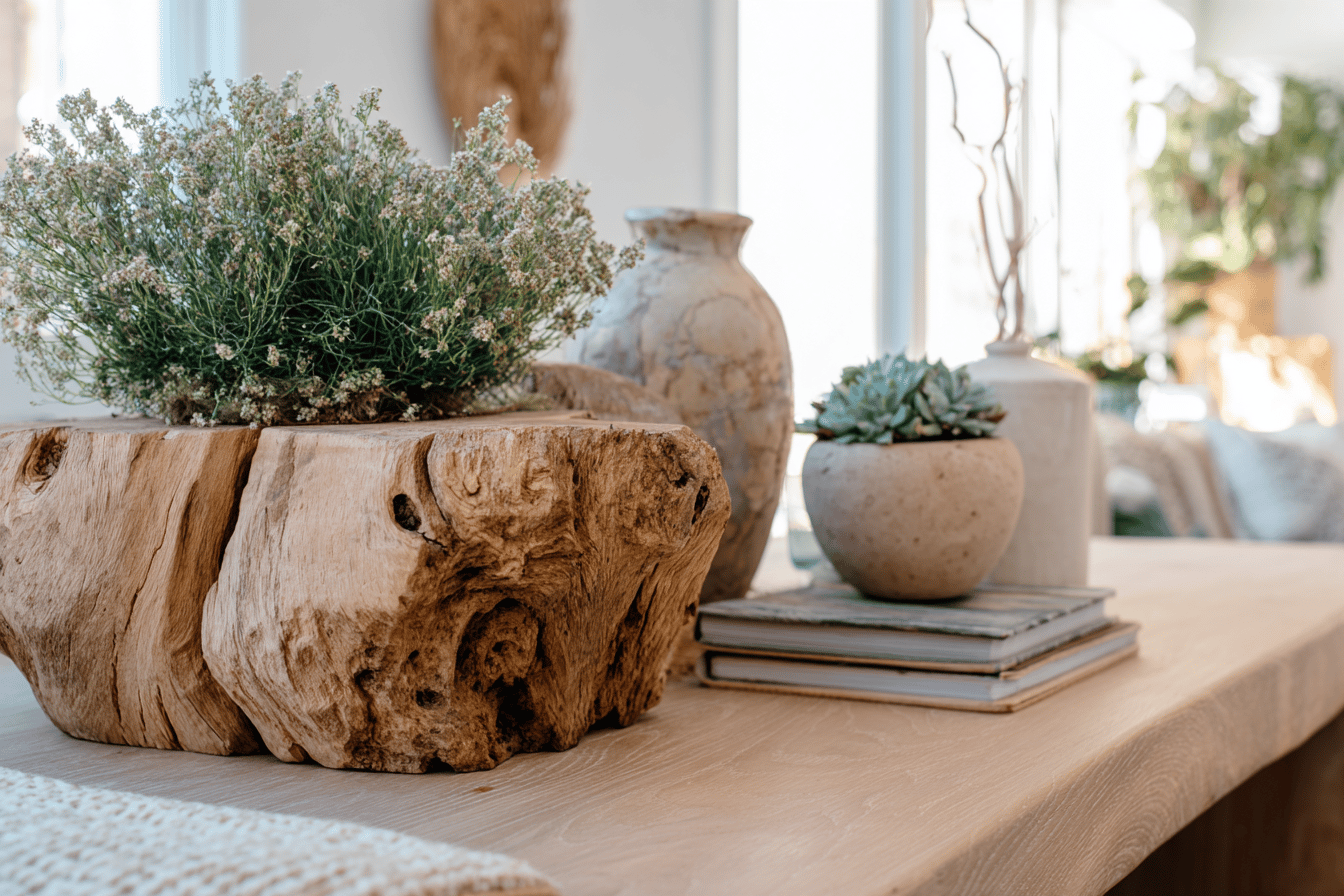 Holztisch mit Pflanzenarrangement und Dekorationen