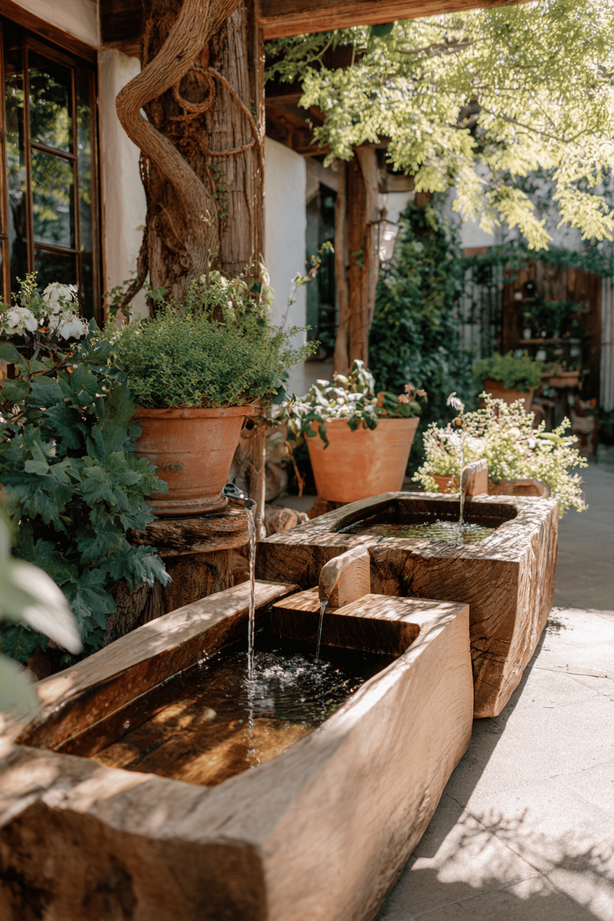 Wasserspiele aus Altholz im Garten, umgeben von grüner Pflanzenpracht.