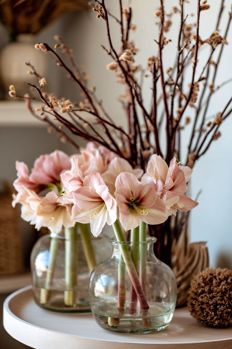 Zartrosa Amaryllis in bauchigen Glasvasen mit Zweigen im Hintergrund