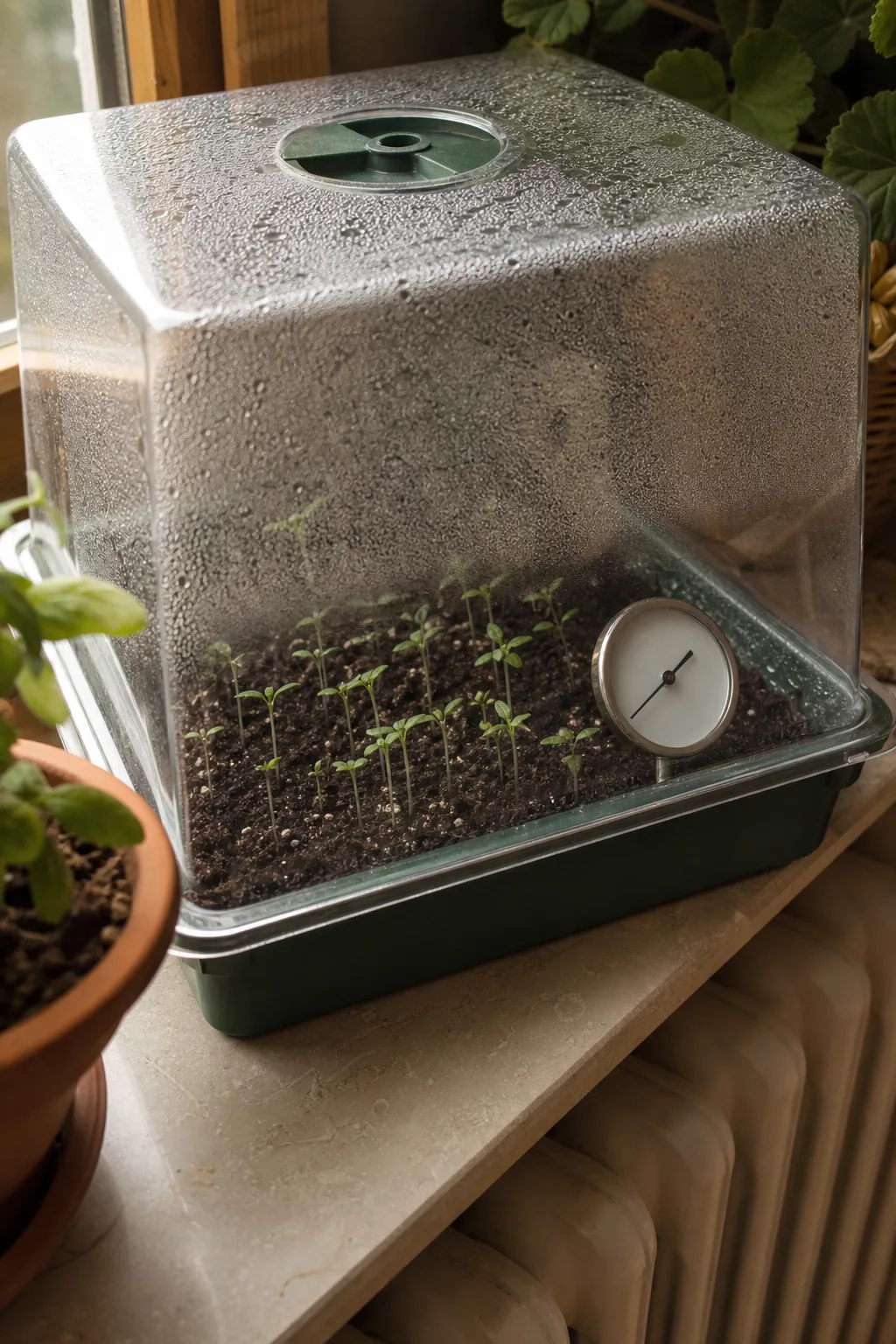 Anzuchthaube mit Kondenswasser über einem Saattray auf der Heizung, Thermometer in der Erde