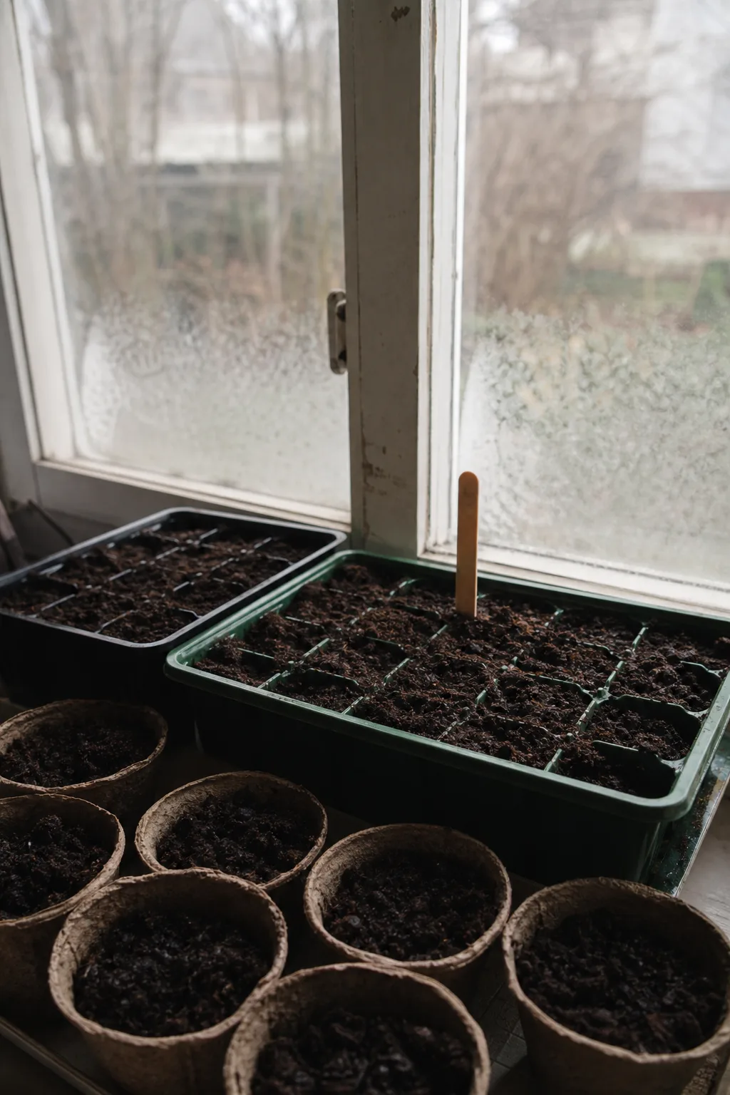 Frisch gesäte Anzuchttrays und Torftöpfe auf einer Fensterbank im Februar