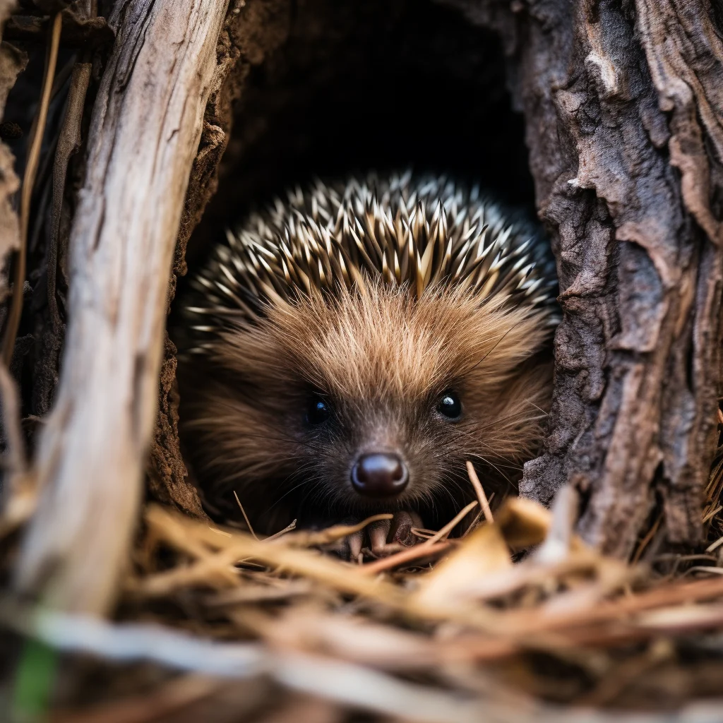 Igel versteckt sich in einem Holzstumpf.