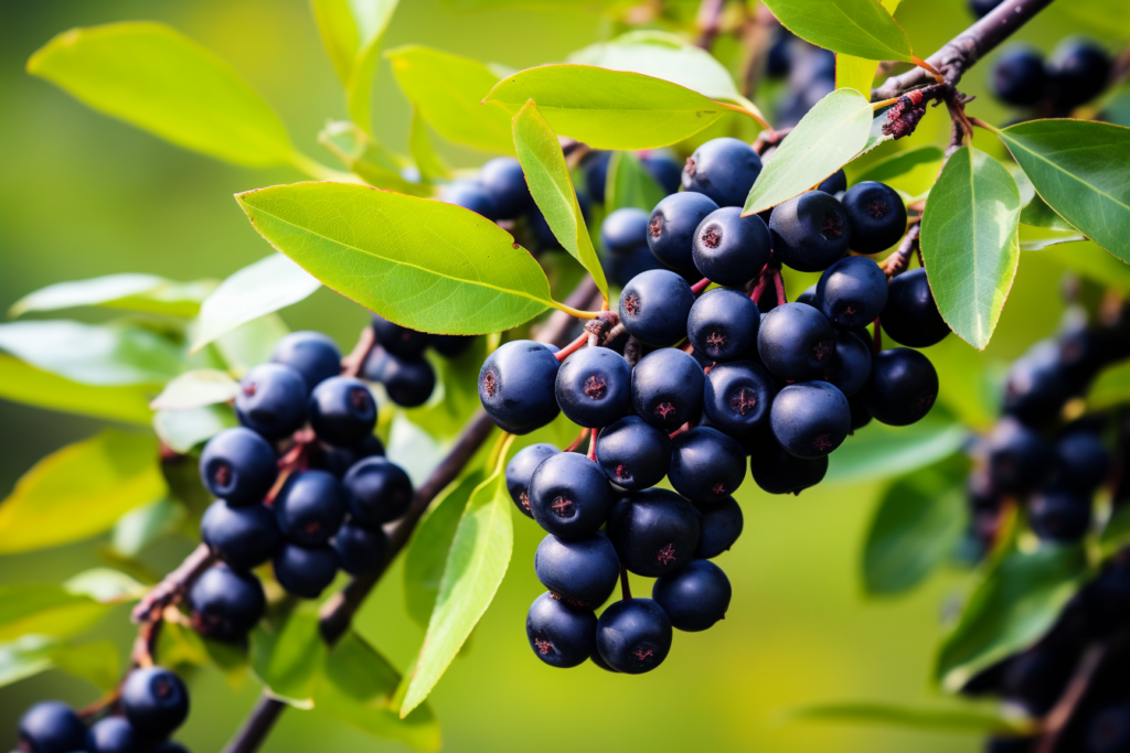 Reife schwarze Aroniabeeren am Zweig.