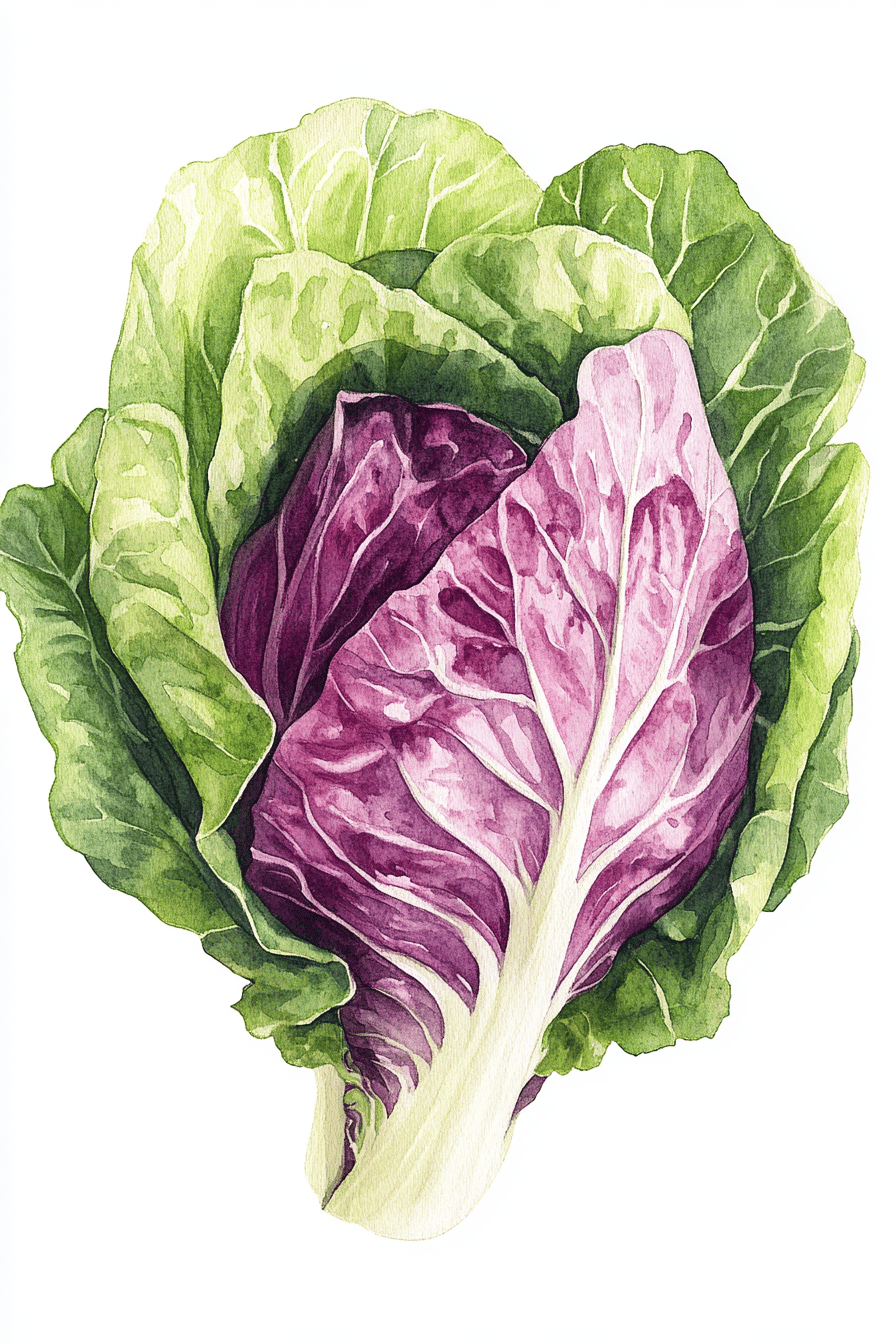 Illustration eines Asiasalats mit grünen und violetten Blättern.