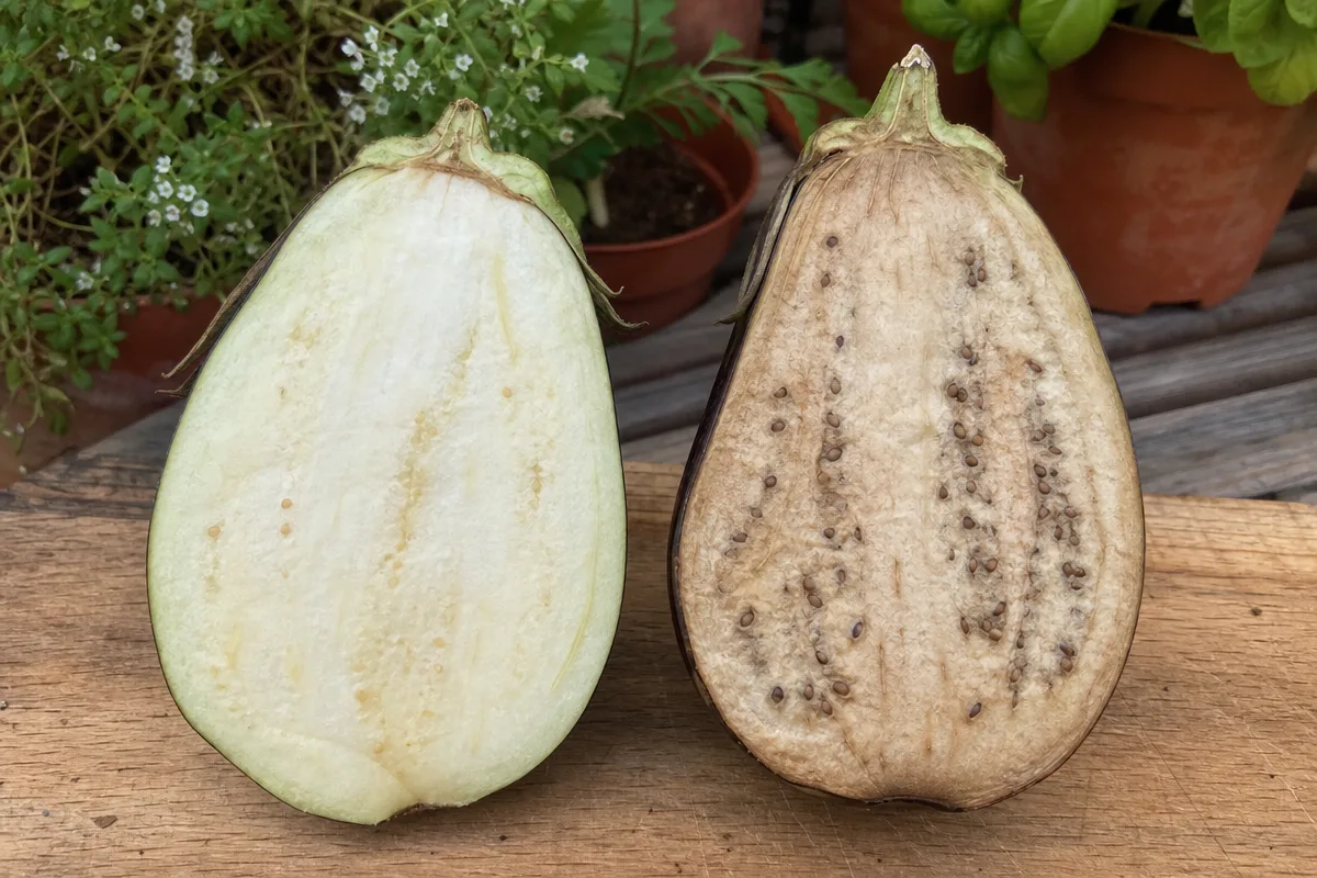 Aufgeschnittene Auberginen im Vergleich: links weißes Fruchtfleisch mit hellen Kernen, rechts bräunlich mit dunklen Kernen