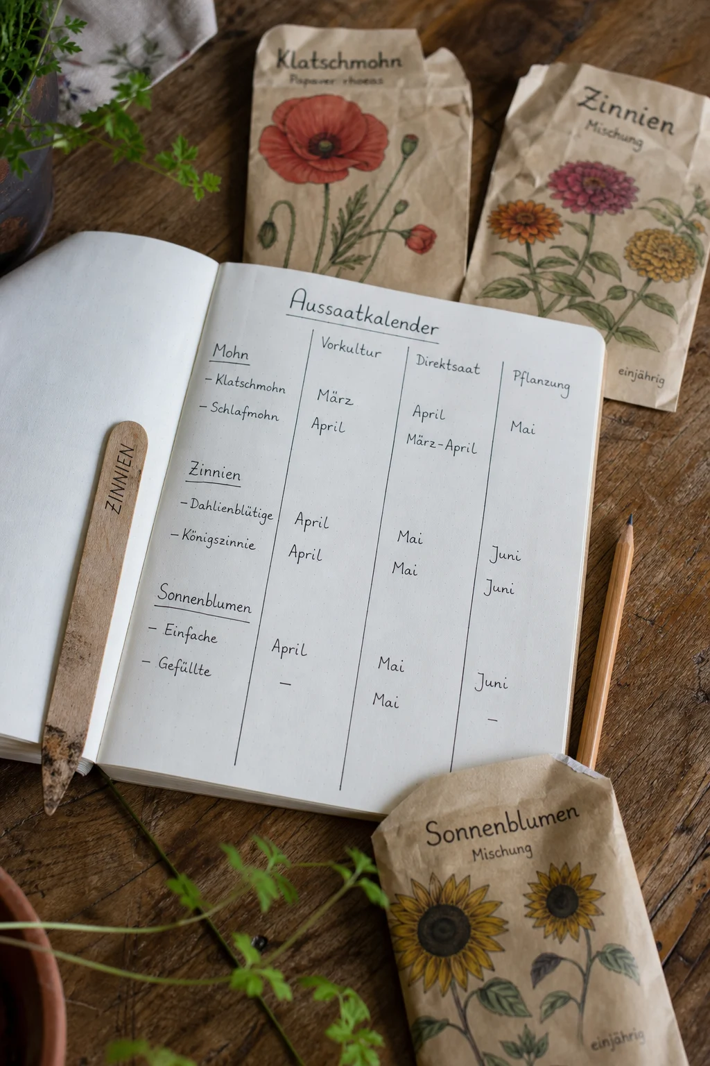 Aufgeschlagenes Gartennotizbuch mit handgeschriebenem Aussaatkalender, daneben beschriftete Saatguttüten von Mohn, Zinnien und Sonnenblumen, Holz-Pflanzschild und Bleistift auf rustikalem Holztisch.