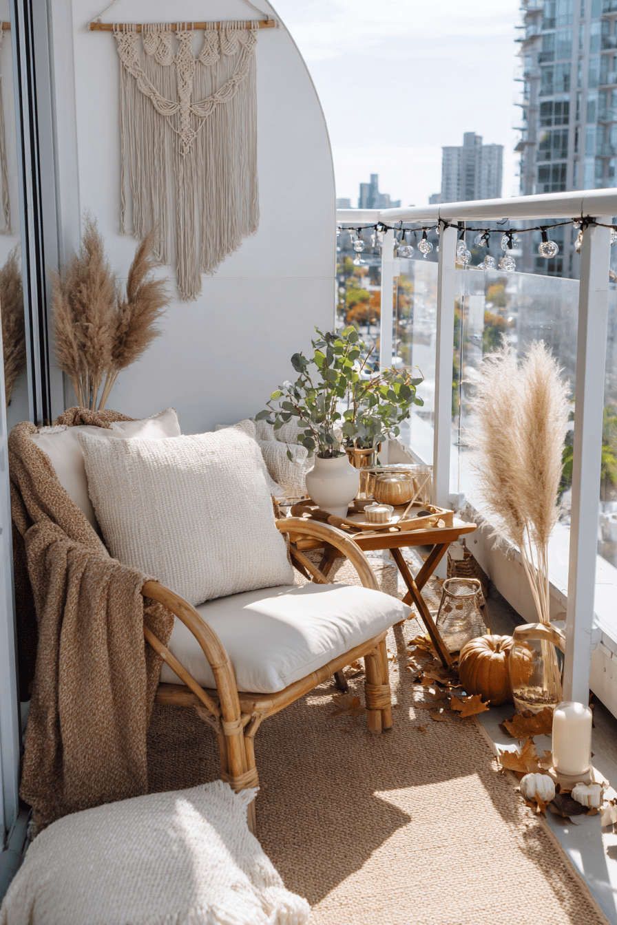 Herbstlich dekorierter Balkon im Boho-Stil mit Pampasgras, Makramee-Wandhänger, Laternen und Kissen.