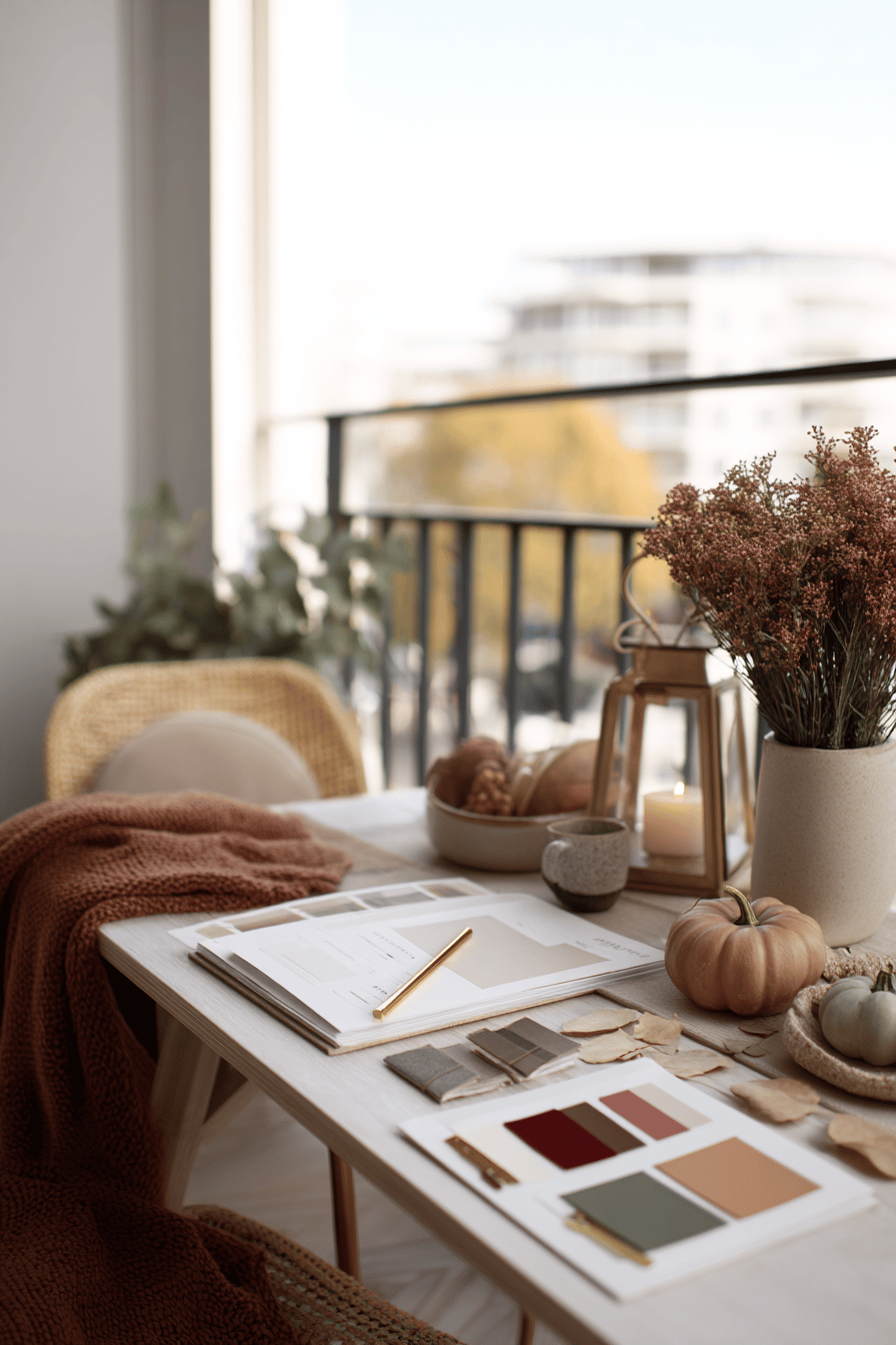 Balkon mit Kürbissen, Chrysanthemen und Laternen in Rost, Senfgelb und Tannengrün; Decke und Kissen auf Stühlen, Farbmusterkarten auf dem Tisch.