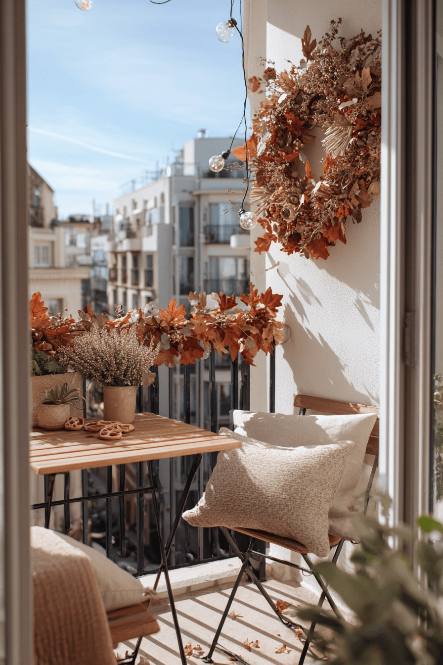Kleiner Balkon mit Weidenkranz, Laubgirlande, Kürbissen und warmen Lichterketten.
