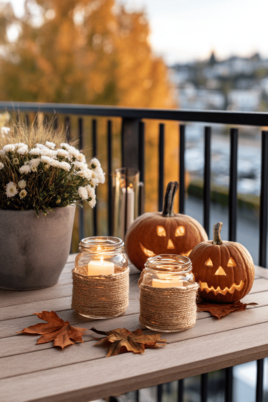 Herbstlich dekorierter Balkon mit leuchtenden Mini-Kürbissen als Laternen und einfachen Windlichtern in Gläsern.