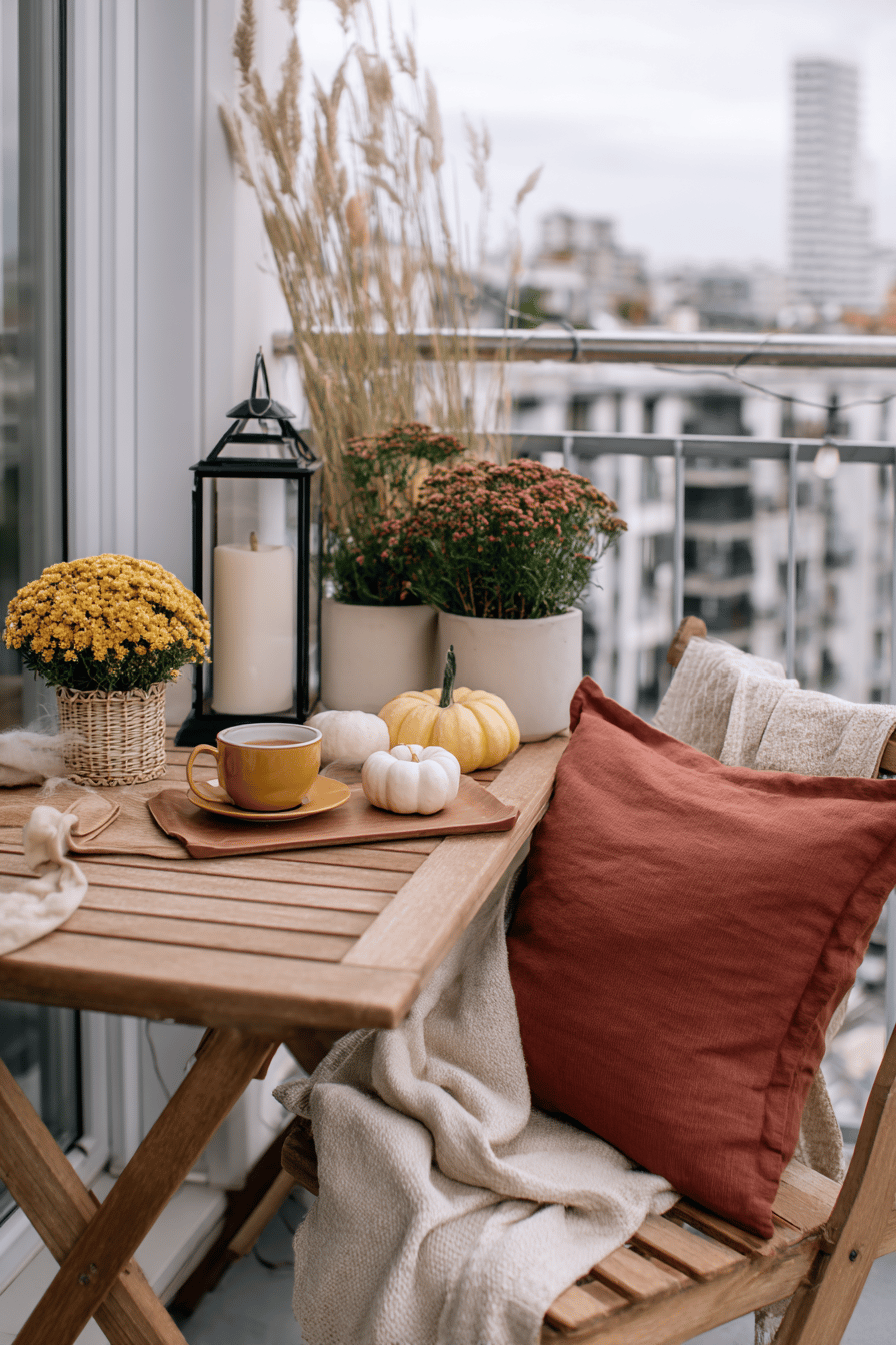 Kleiner Balkon mit Holzbank, Kissen und Plaids in warmen Farben, Kürbissen, Laternen und einer Lichterkette.