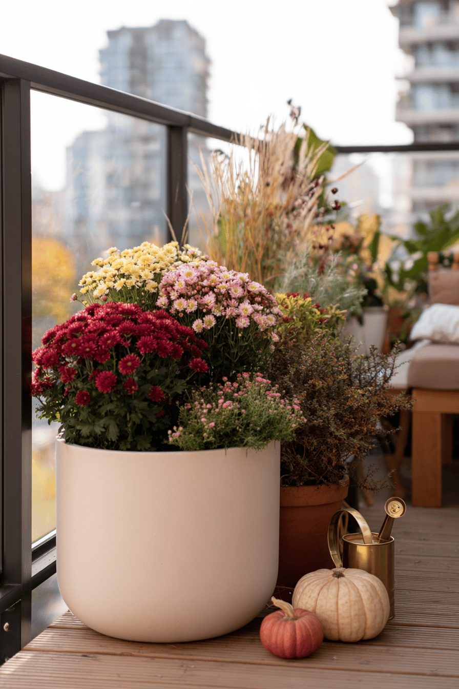 Hände pflanzen Chrysanthemen, Heide und Zierkohl in einen Balkonkasten; daneben liegen Schaufel, Erde und eine Gießkanne.