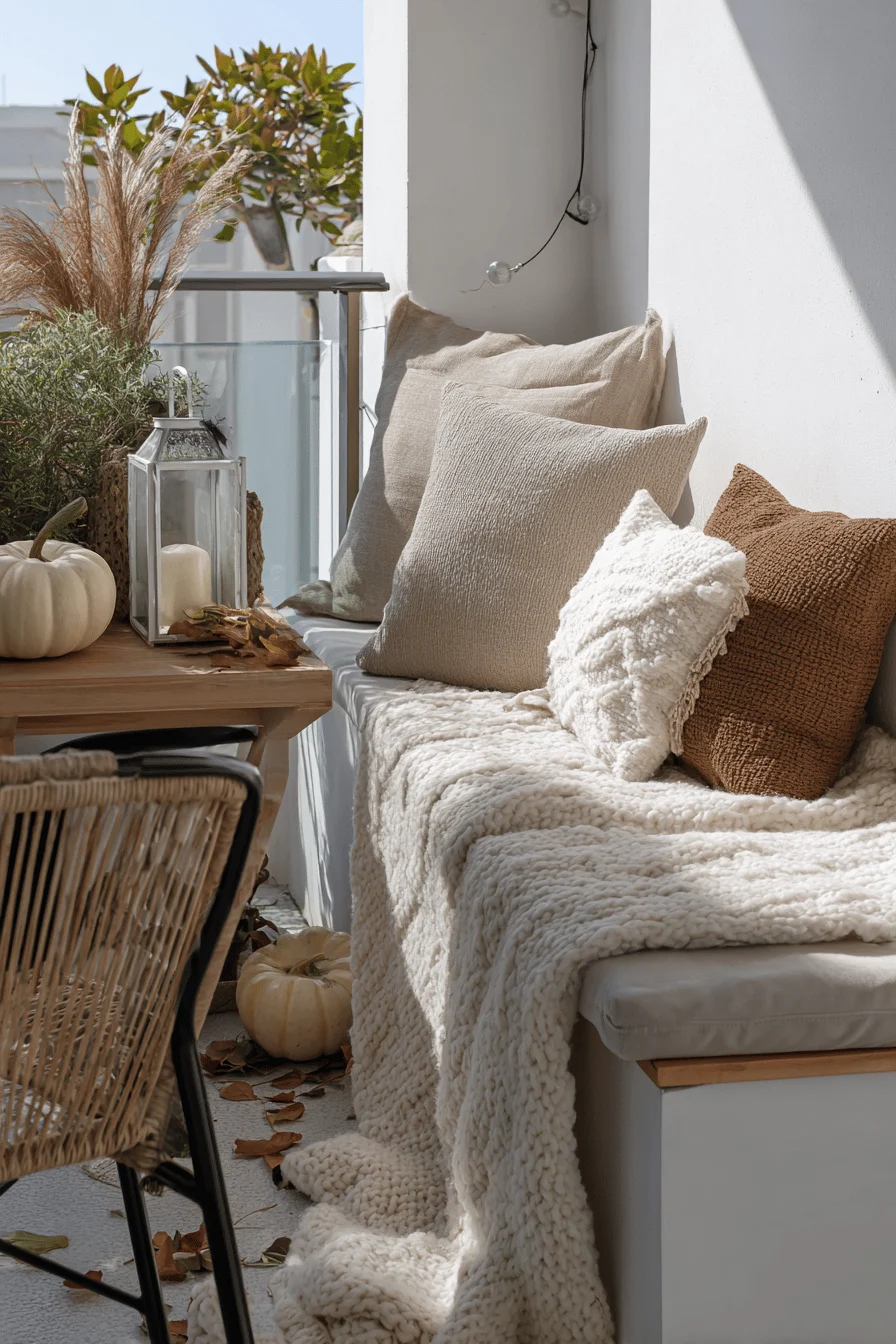 Herbstlich dekorierter Balkon mit Plaids, Kissen, Outdoor-Teppich und Laternen auf einer kleinen Sitzecke.