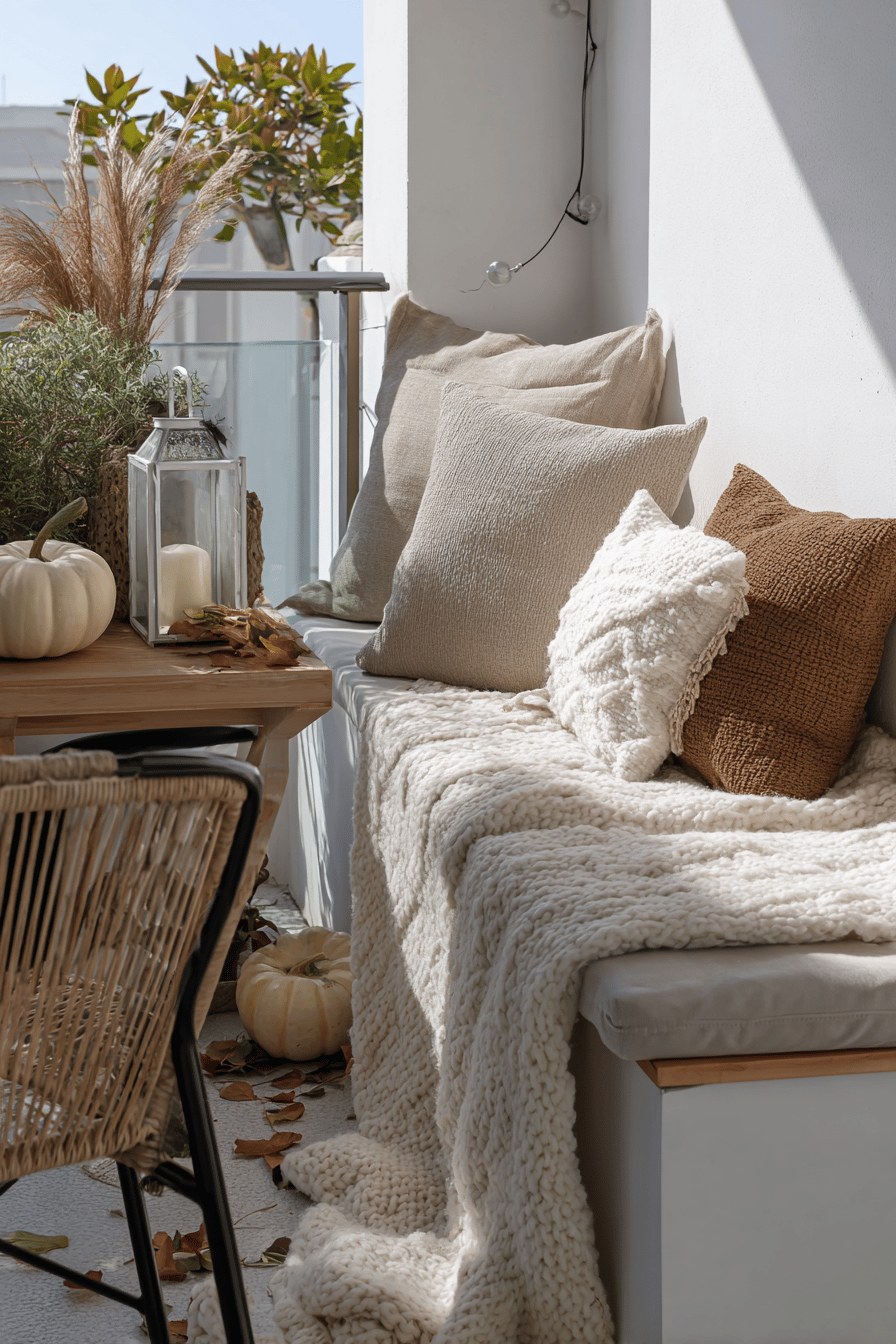 Herbstlich dekorierter Balkon mit Plaids, Kissen, Outdoor-Teppich und Laternen auf einer kleinen Sitzecke.