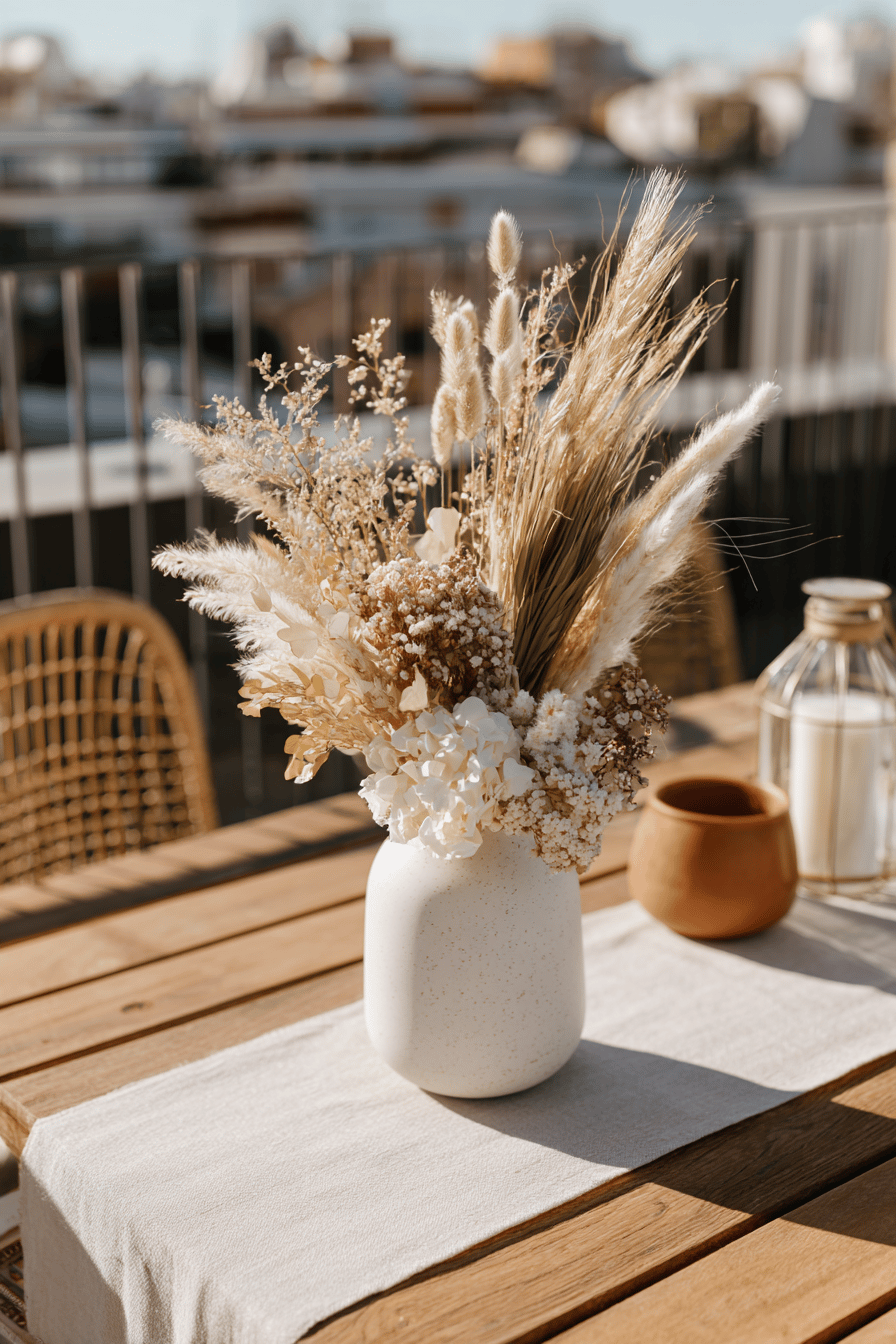 Herbstlich dekorierter Balkon mit Vasen und Körben voll Trockenblumen und Ziergräsern, ergänzt durch Laternen und Kissen.