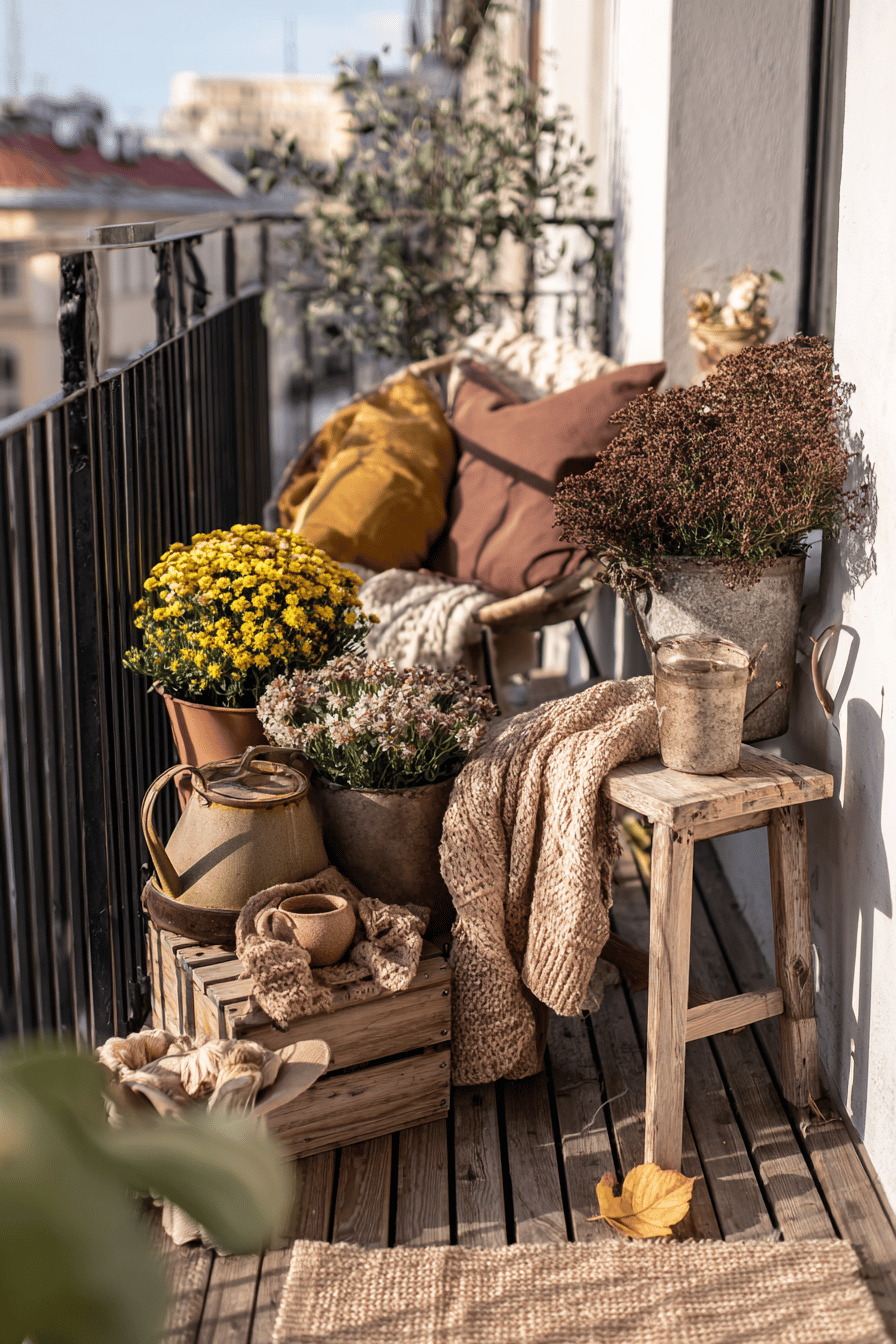 Mehrere alte Metallkannen, Holzkisten und Tongefäße mit herbstlichen Blumen und Gräsern auf einem kleinen Balkon, daneben Kürbisse.