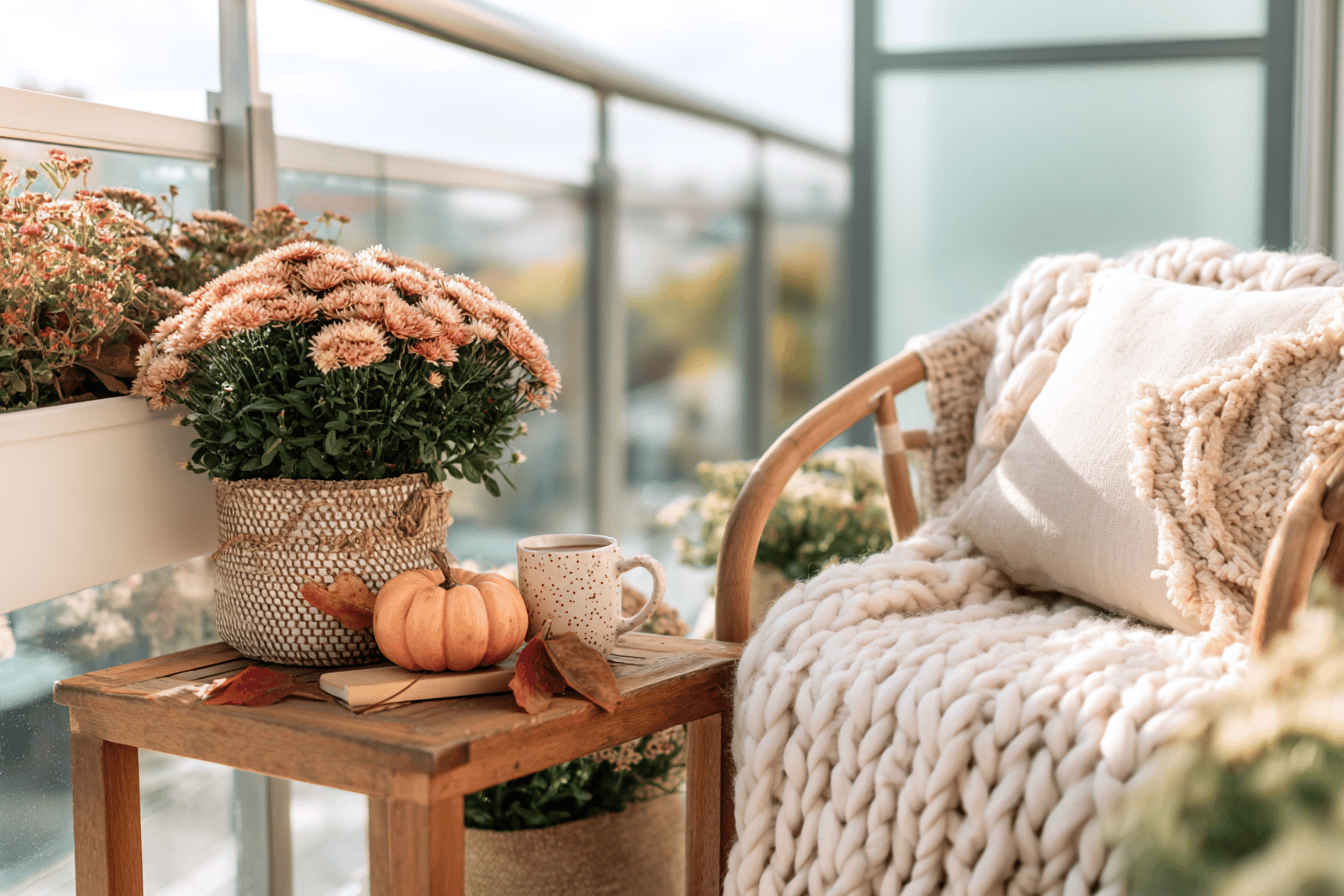 Gemütlicher Herbstbalkon mit Kürbis und Decke.