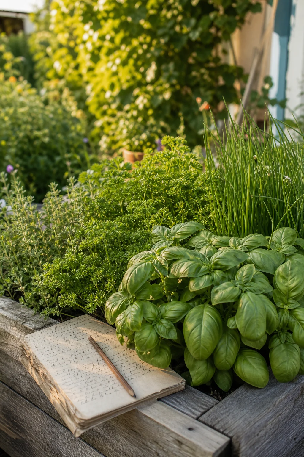 Kleines gemischtes Kräuterbeet mit Basilikum, Petersilie, Thymian und Schnittlauch neben einem Gartennotizbuch.