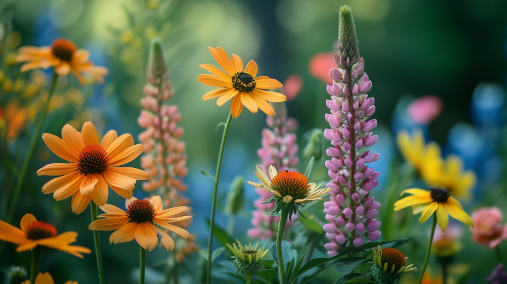 Bunte Blumenwiese im Sommerlicht.