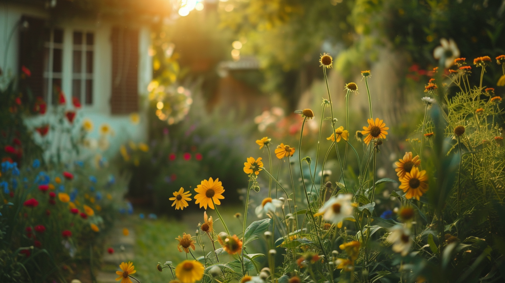 Idyllischer Garten bei Sonnenuntergang mit bunten Blumen.