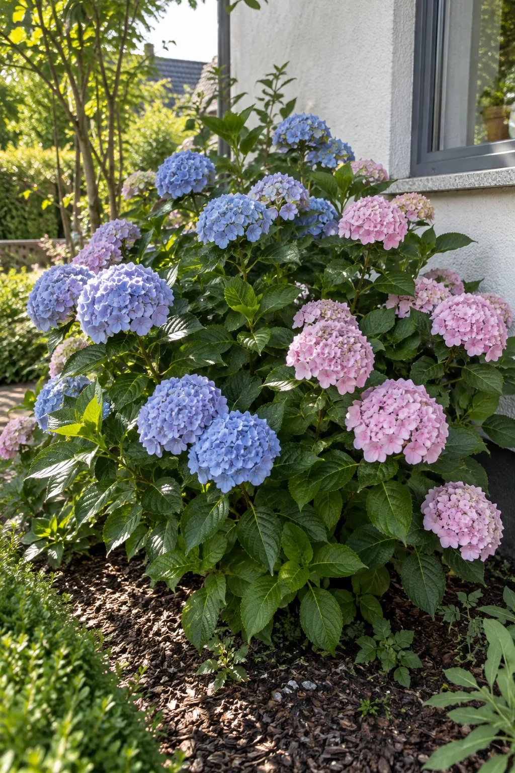 Rundliche Bauernhortensie im Halbschatten neben einem Haus mit breiten, gezähnten Blättern und großen, kuppelförmigen Blütenbällen in Hellblau und Rosa