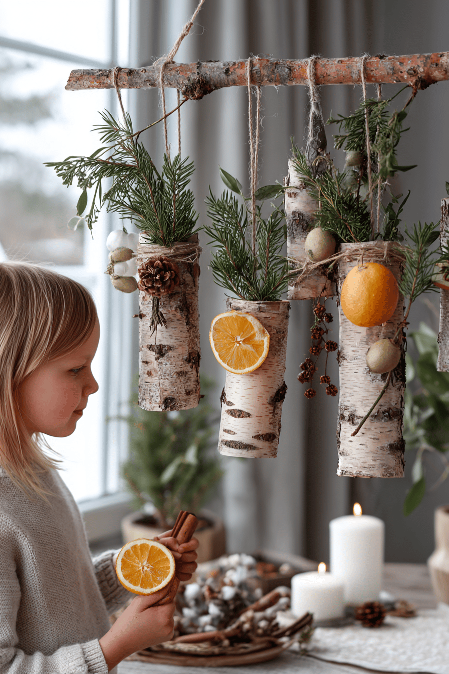 Ein Kind betrachtet weihnachtliche Dekoration aus Baumrinde und getrockneten Orangenscheiben, die an einem Ast hängen.
